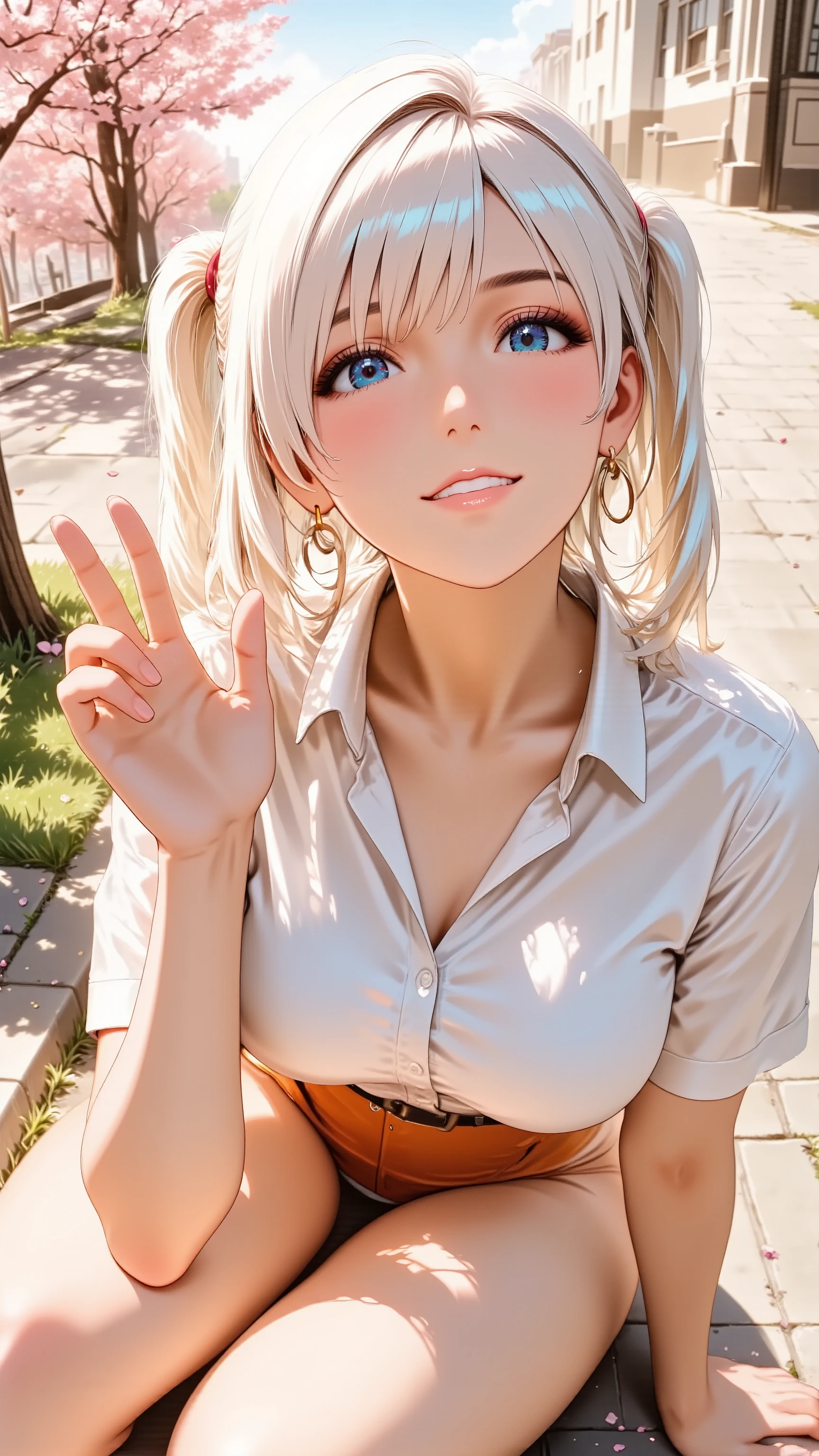 Anime style illustration, best quality, ultra detailed, vibrant colors, soft glow, kneeling pose, sitting upright, Extreme high-angle view, from directly above, Looking up at the camera, Thigh-up shot, An anime girl, cute smile, charming expression, one hand waving, perfect 5-fingered hands, head tilt, Wearing a cute school uniform, twin tails hair, cherry blossom park background, sunlight filtering through trees