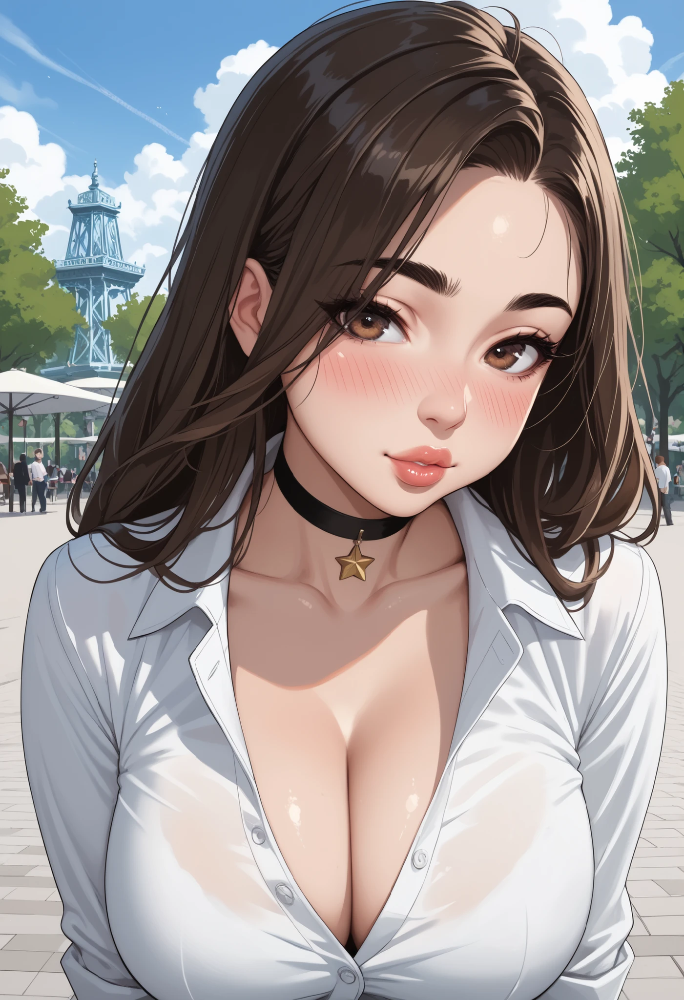 age 18 year, (perfect body), dark brown hair, large hair, black eyebrows, thin eyebrows, brown eyes, black eyeliners, nose, thick lips, blushing, choker star, collarbone, cleavage, large breasts, (unbuttoned shirt), (sleeve shirt), big park, cloud sky