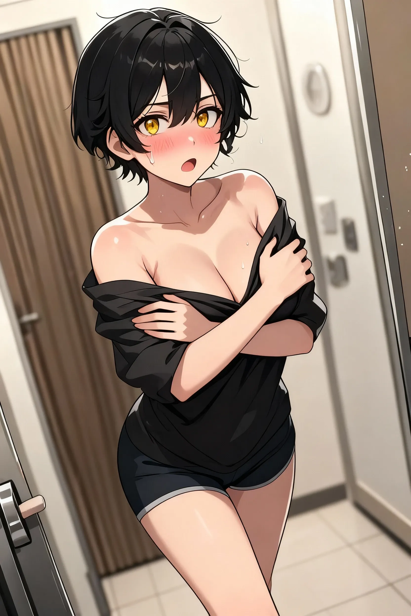 、(masterpiece、Highest quality)、Highest quality, Ultra-high resolution, (((masterpiece))), alone, Sweat、Big eyes, Composition from the front、Shortcuts、Embarrassed face、Bronze colored hair、Cut the back hair short、Bathroom、Shower scene、 Expose、Completely naked、pubic hair、belly button、Large areola、Nipples、short hair