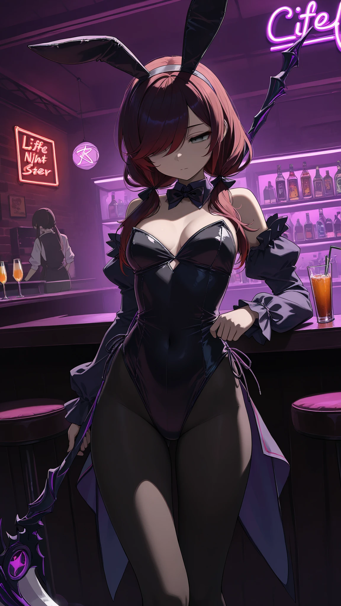 masterpiece:1.2, best quality, lifeless eyes, shadows over eyes, holding scythe, black scythe with dark purple edge, aiming scythe at point of view, A Resplendent young woman, gray eyes, swept bangs, low twin tails, dark red hair, bunny girl outfit, bar interior, neon lights, counter, drinks, vibrant night life, thin,