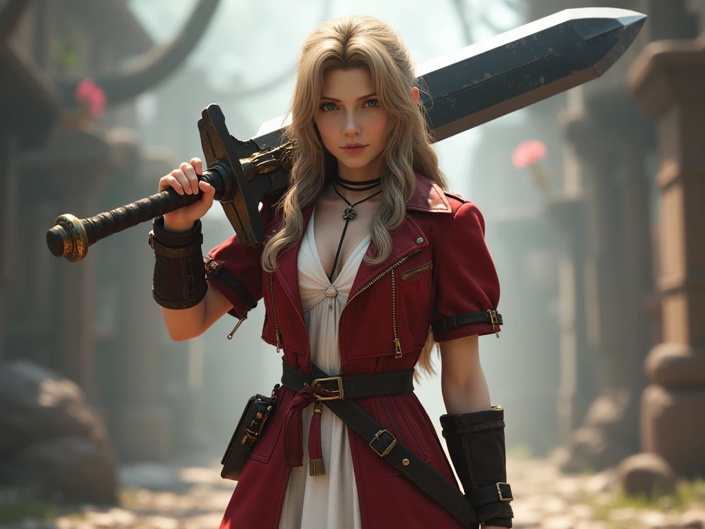 <lora:Aerith_FX_V2:1>  aer1th standing in a battle pose, holding a metal bo staff, with a determined look on her face. In the background are the crumbled ruins of a warehouse with cracked concrete floor. Cropped red jacket, pink dress, full body