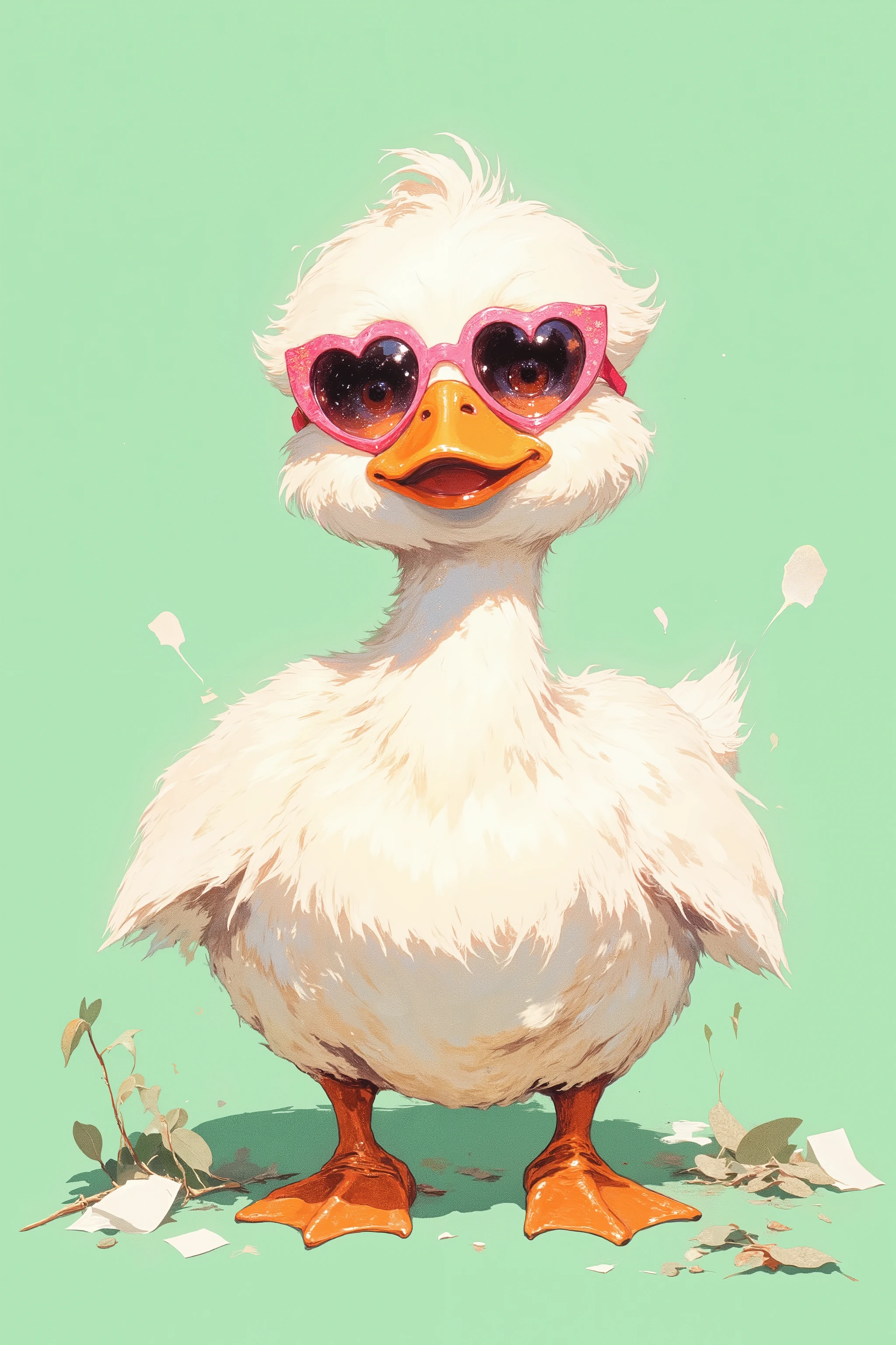A whimsical digital painting of a fluffy white duck wearing oversized pink heart-shaped sunglasses. Soft pastel background in mint green. The texture resembles oil painting with visible brushstrokes. The duck has a curious and charming expression. The image has a minimalistic, playful pop-art style with pastel tones and a cute, fashionable vibe. Style: pop art, digital painting, pastel colors, playful character, soft brush textures, multiple references, magic particles, high_detailed,