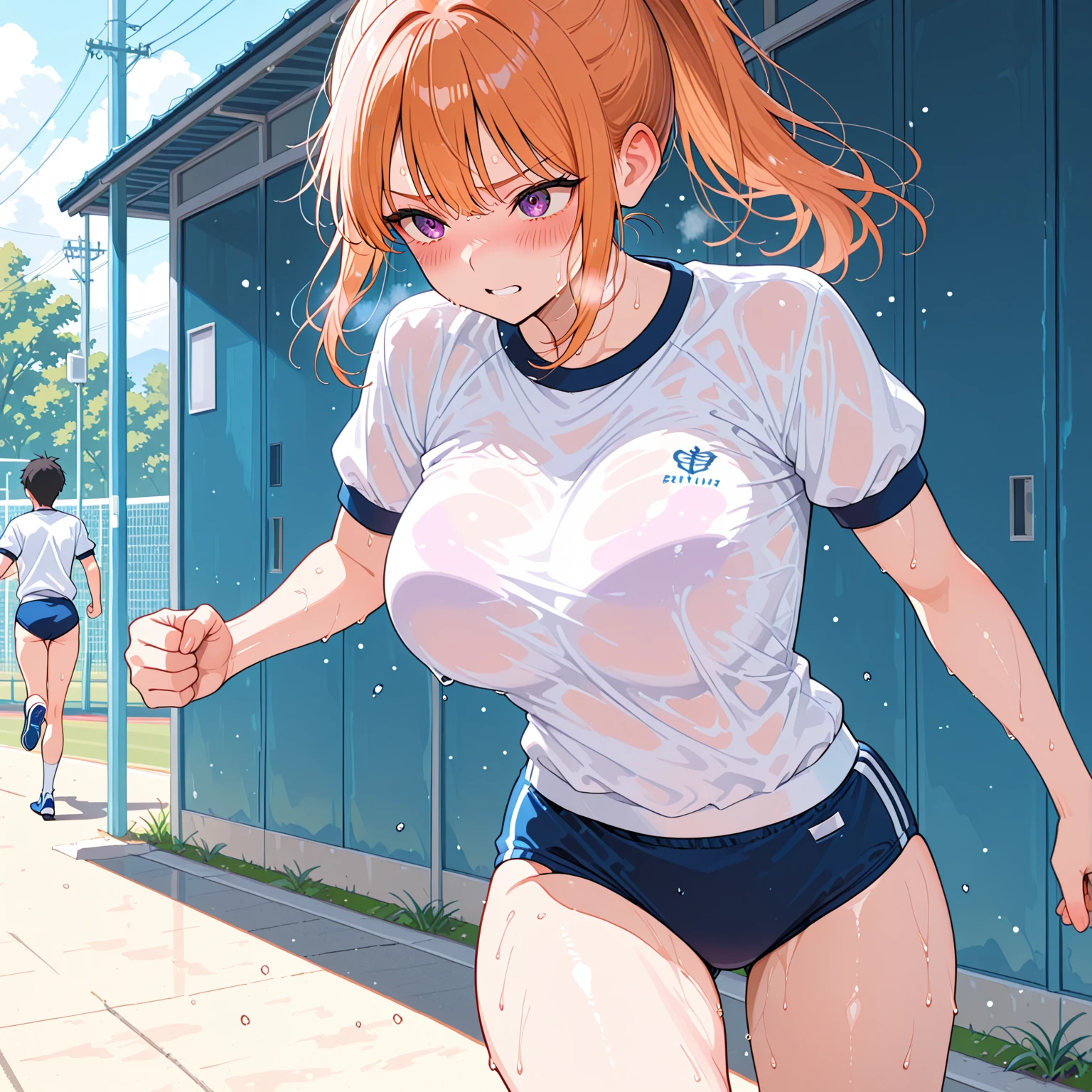 large breasts, wide hips, looking at viewer, smile, blue buruma, gym uniform, white shirt, see-through, no bra, bare legs, shirt tucked in, outdoors, school, <lora:Shuz-10:0.6>