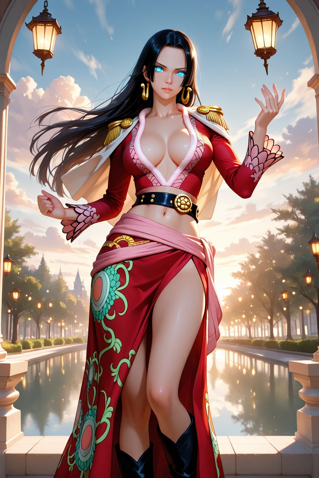 (masterpiece, best quality:1.2), cowboy shot, solo, 1girl, boa hancock, smile, looking at viewer, hand on , cape, epaulettes, cleavage, jewelry, earrings, midriff ,, official art, extremely detailed CG unity 8k wallpaper, perfect lighting, (masterpiece:1.0),(best_quality:1.0), ultra high res,4K,ultra-detailed, photography, 8K, HDR, highres, absurdres:1.2, Kodak portra 400, blurry background, bokeh:1.2, lens flare, (vibrant_color:1.2),(beautiful_face:1.5),(narrow_waist),(perfect hands, perfect ), very , very wide , slim waist, curvy, on a pirate ship at sea