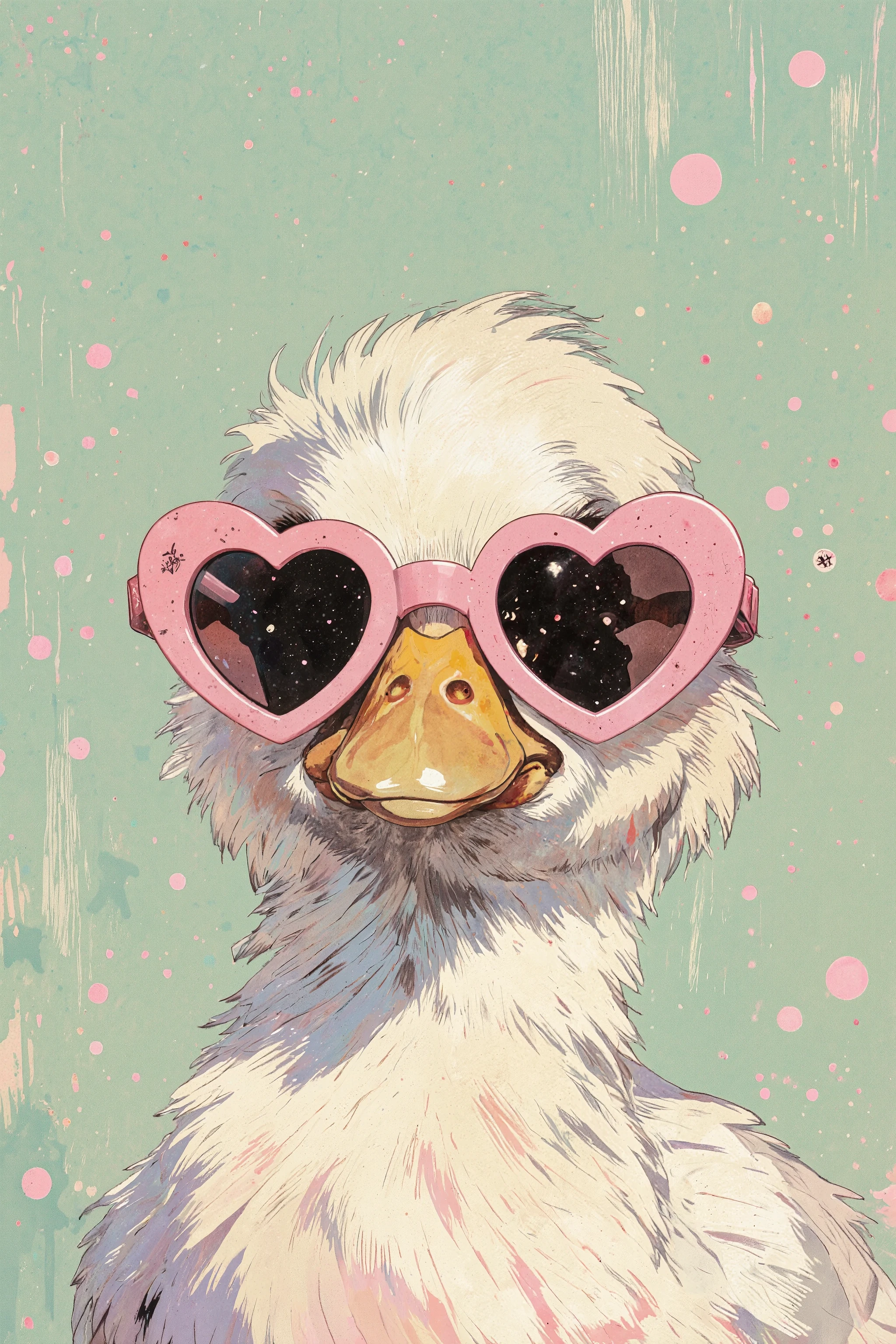 A whimsical digital painting of a fluffy white duck wearing oversized pink heart-shaped sunglasses. Soft pastel background in mint green. The texture resembles oil painting with visible brushstrokes. The duck has a curious and charming expression. The image has a minimalistic, playful pop-art style with pastel tones and a cute, fashionable vibe. Style: pop art, digital painting, pastel colors, playful character, soft brush textures, multiple references, magic particles, high_detailed, CharacterDesignFLUX