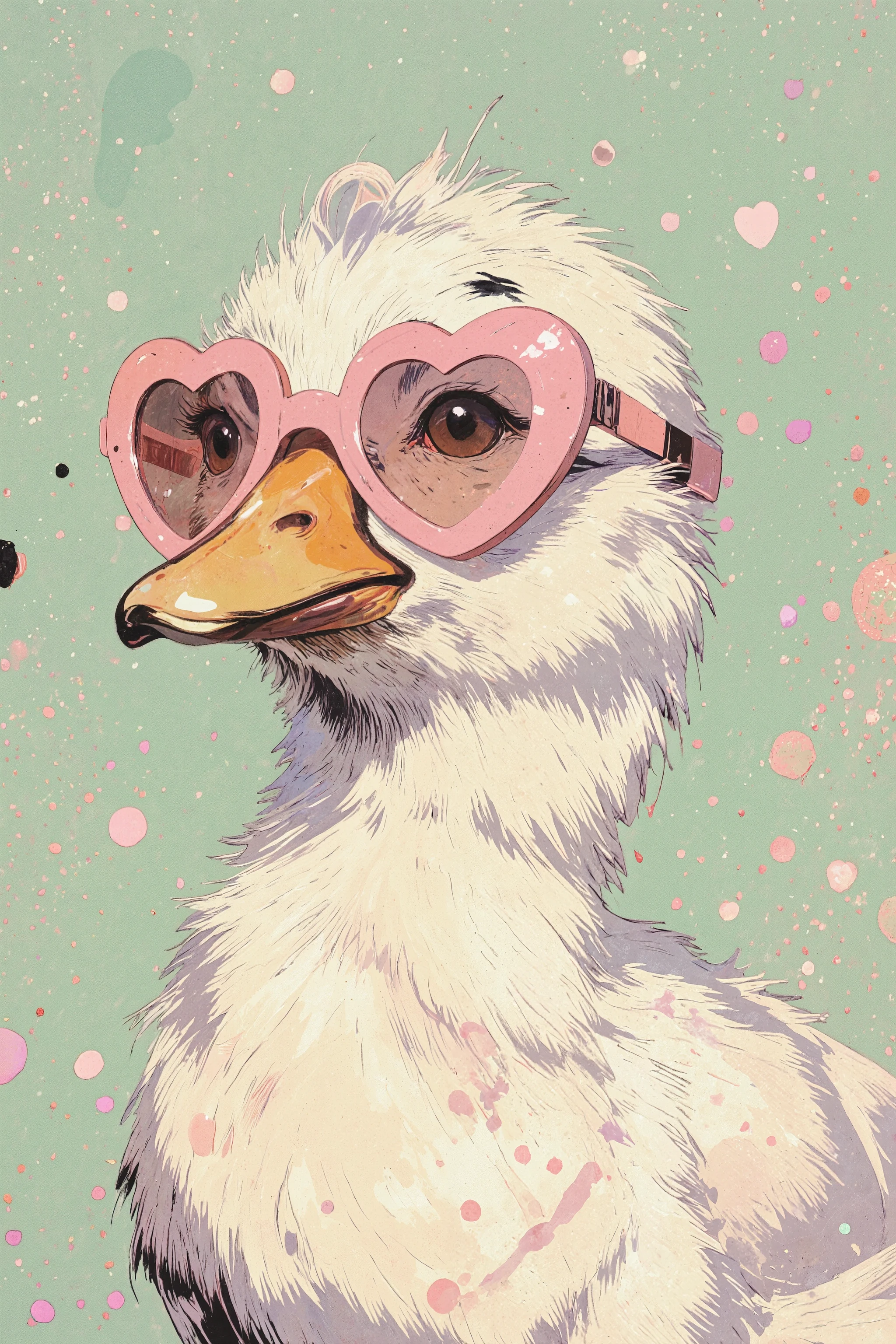 A whimsical digital painting of a fluffy white duck wearing oversized pink heart-shaped sunglasses. Soft pastel background in mint green. The texture resembles oil painting with visible brushstrokes. The duck has a curious and charming expression. The image has a minimalistic, playful pop-art style with pastel tones and a cute, fashionable vibe. Style: pop art, digital painting, pastel colors, playful character, soft brush textures, multiple references, magic particles, high_detailed, CharacterDesignFLUX