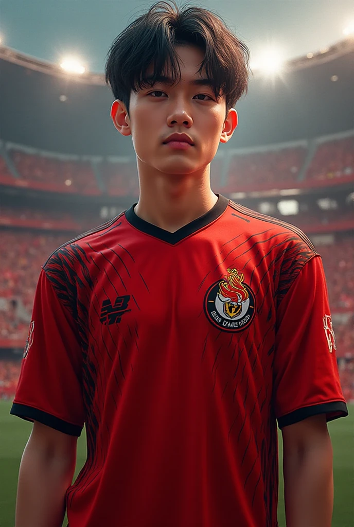 solo, male focus, 1boy, shinjichair, sitting, head down, short black hair, 1boy, (masterpiece, ultra quality, high resolution, 8k, intricate: 1.2), (detailed face:1.2), handsome, Young Korean man ,white skin, double eyelids , detailed skin, 1boy, ((realistic)), abs, good lighting quality, muscle veins, ((pale skin)),wearing tight soccer uniform