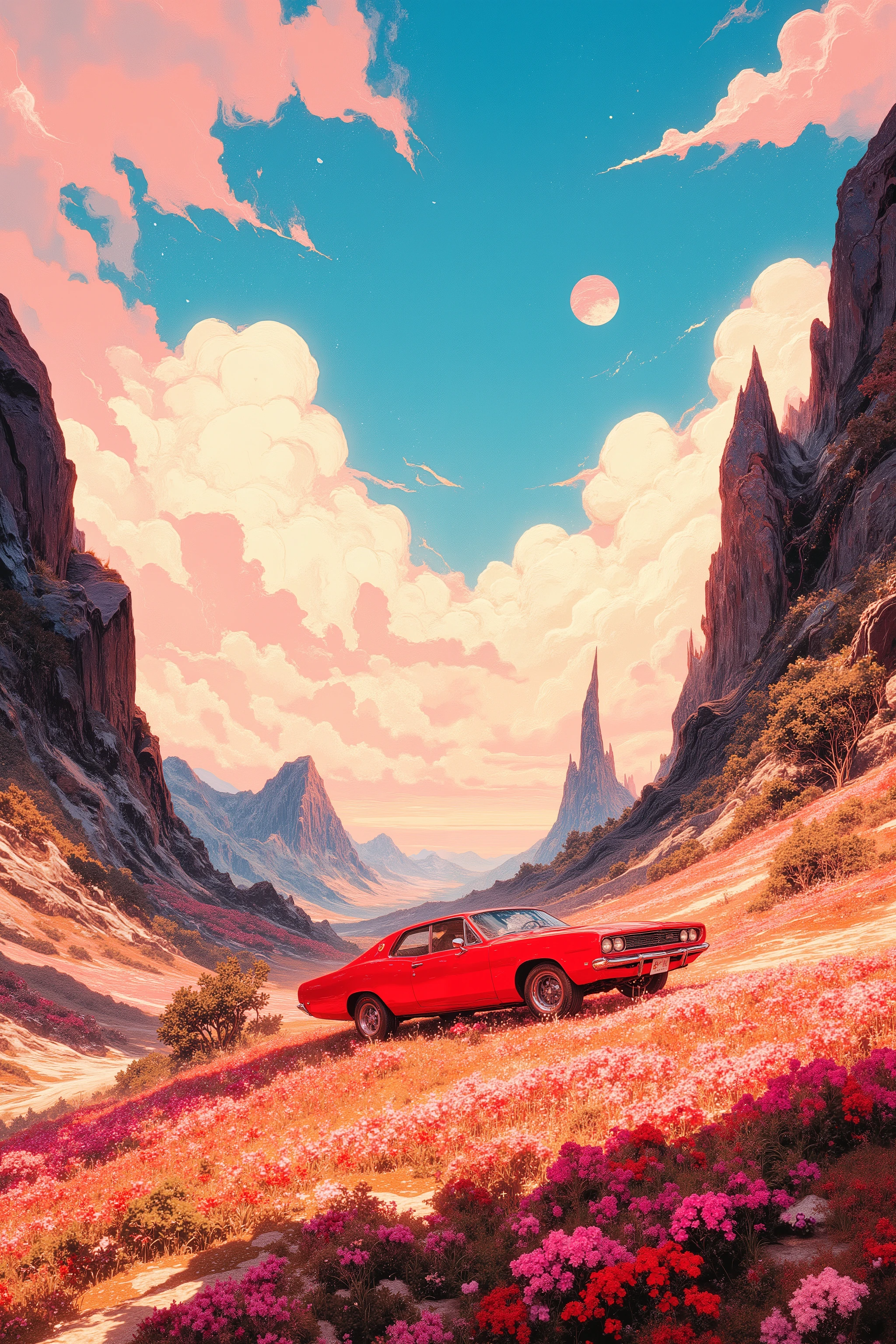 A vibrant surreal landscape featuring a classic red retro car parked on a colorful hillside covered with lush pink and red wildflowers. The sky is a dreamy mix of soft pastel blues, pinks, and oranges, filled with fluffy, scattered clouds. In the distance, sharp rocky cliffs rise dramatically, adding contrast to the smooth curves of the car. A distant planet or moon is visible in the bright sky, enhancing the otherworldly atmosphere. The scene is bathed in warm, golden sunlight, creating a magical, ethereal vibe. Highly detailed, cinematic lighting, dreamy and surreal aesthetic with vivid colors