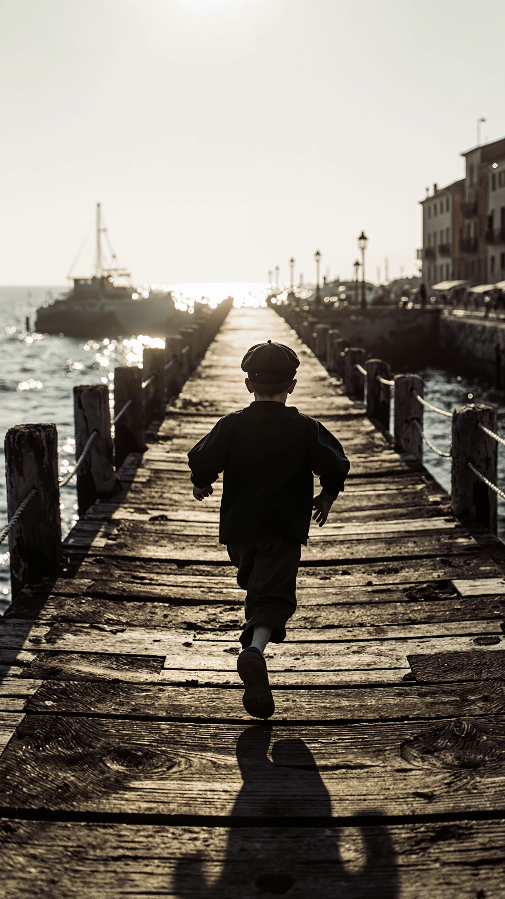 Film noir style with strong chiaroscuro,Low angle shot from just above the ground,A boy wearing a flat cap,seen from behind,running along the old wooden pier leading out to the harbor sea,A scene from film set in Sicily, Italy,cinematic,dynamic angle, Vignette effect,Zoom Lens Effect,Film Grain, 16k,high detail,nikon D850,Detailed photos
