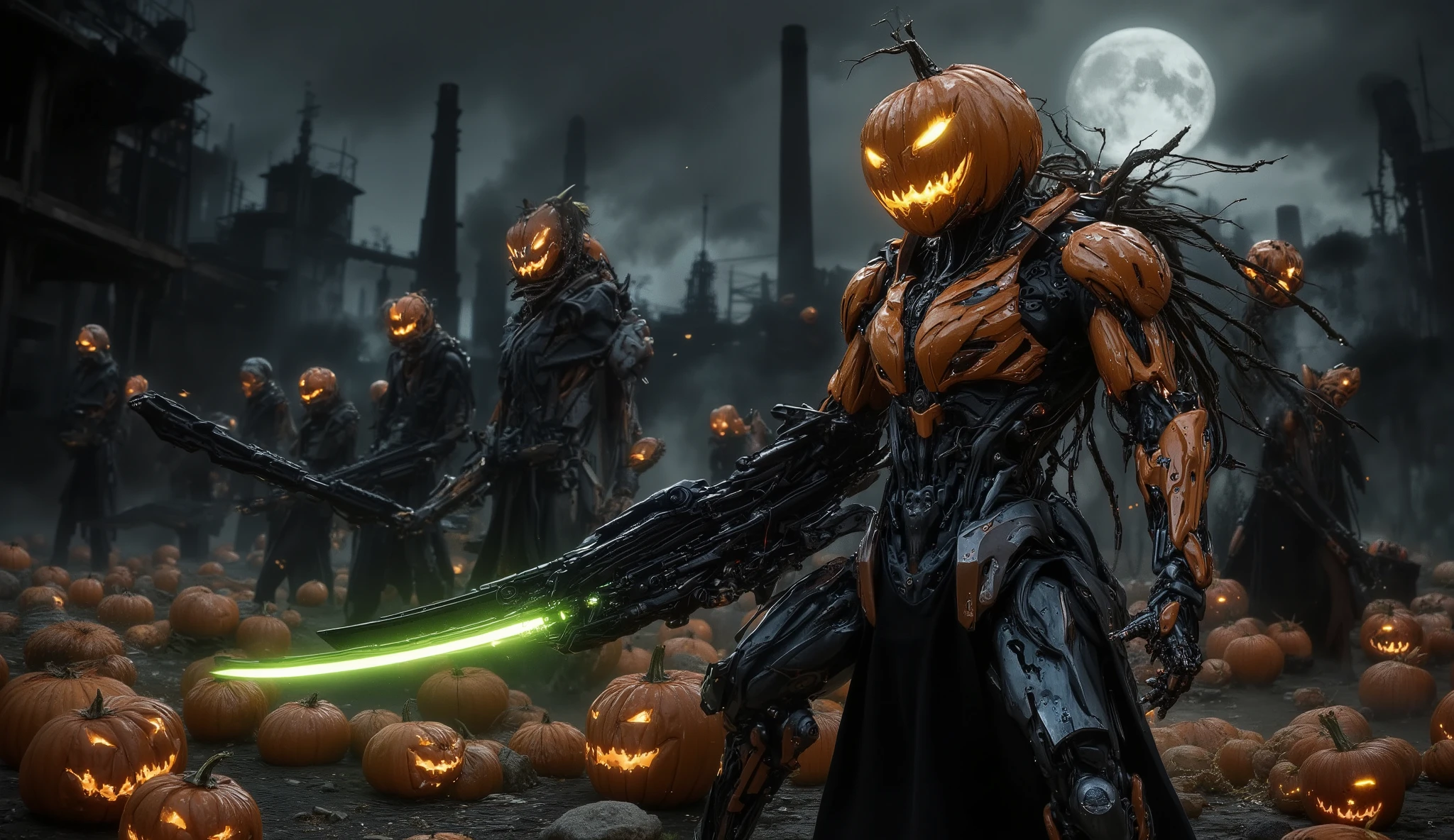 a serial army of robotic flashlights、mechanized pumpkin soldiers with unified design、creepy light, seeping from within、armed mechanical corps、is used a battle scene against the hordes of the ancients evil monsters、Another world, where there is a cemetery and an abandoned factory,、under the full moon、 fog and smoke 、green and orange light, crossing、epic combat panorama、A detailed worldview、Science fiction x horror fusion、A great sense of scale、fantasy-element