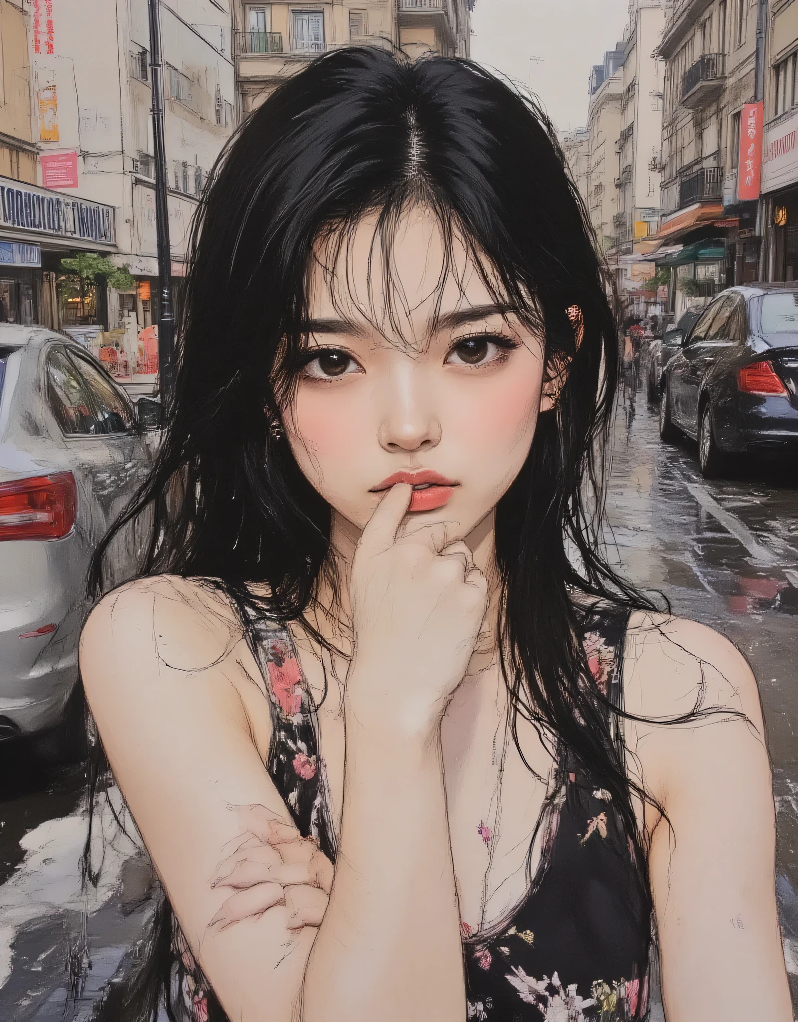 vivid, very detailed, award-winning illustration, Professional. womanhood, womanhood looking at the sky with a cheek cane with her right hand, ((portrait painting))、sketch style、long sauvage hair、Black eyed gothic lolly, , Portrait of a womanhood、 beautiful, fantasy shot with a Nikon Z7 II mirrorless camera. hyperrealistic, masterpiece, high resolution skin riding on a handrail. Paris after the rain、 lots of flowers、best masterpiece、