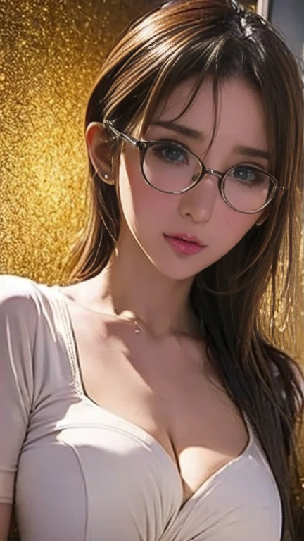 1 female,20th generation,round glasses,blonde hair,semi-long,Moist eyes,looking at the viewer,dynamic angle,cleavage,upper grade,Upper body,High definition,masterpiece,Highest image quality,8K,Super realistic,Chest and face are visible,sexy,Bend your elbows and place your arms across your chest,Close ~ eyes,open your mouth,stick out tongue,front view,