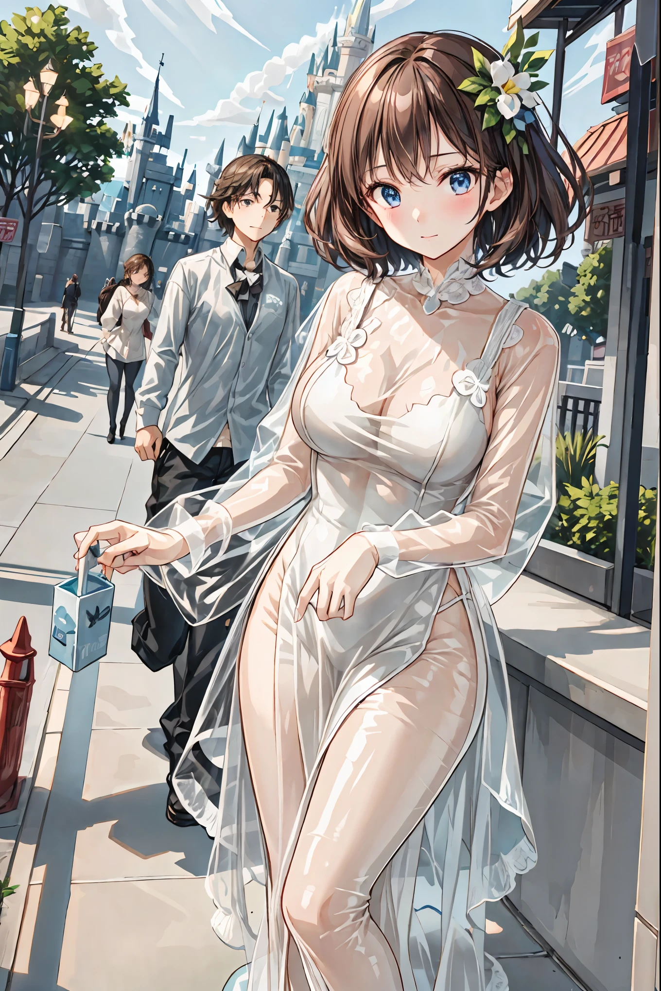 Latex Female Body Silhouettes, look, Shiny Latex Material Sticking to the Body, Dark, Smoky Hazardous Environments, bright spotlight, Red or Black Tones, High Quality,4K,Realistic,Professional,Tokyo Disneyland,Tokyo Disneylandの活気に満ちた魔法のような雰囲気の中を歩く, casual clothes、cute clothes、Cinderella Castle can be seen in the background, warm sunshine、The vibrant and cheerful atmosphere of Disneyland,Families and couples pass by,,EXTREME DETAILS,Vivid Colors,Bokeh