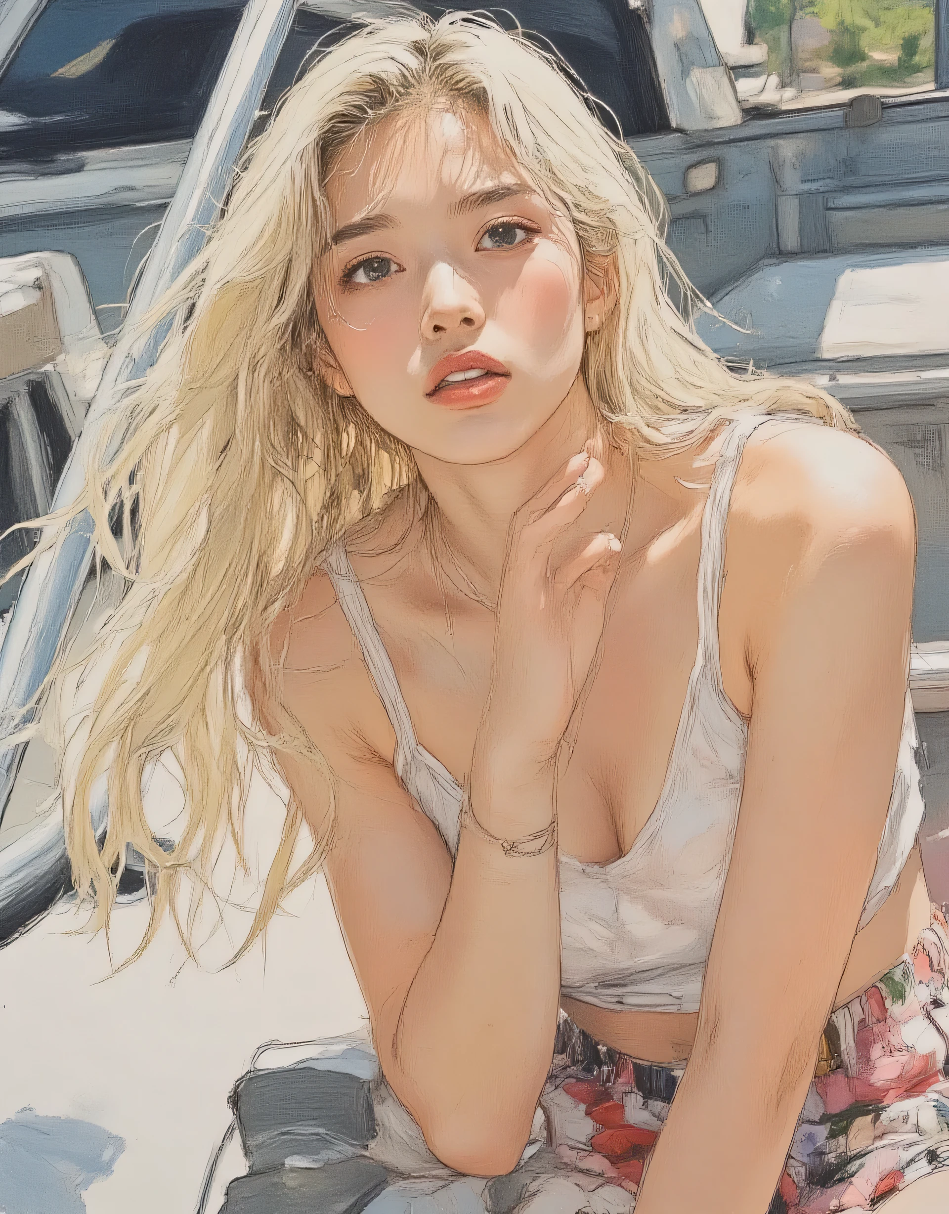 vivid, very detailed, award-winning illustration, Professional. womanhood, 右手を顎につけて星空を見ているwomanhood, Keep your eyes on 、is looking up、Chin up、((portrait painting))、sketch style、Blonde Long Sauvage Hair、Blue-eyed Gothic Lolita, , womanhoodのポートレート、 beautiful, fantasy shot with a Nikon Z7 II mirrorless camera. hyperrealistic, masterpiece, high resolution skin riding on a handrail、Shades of Sunlight、最高masterpiece、