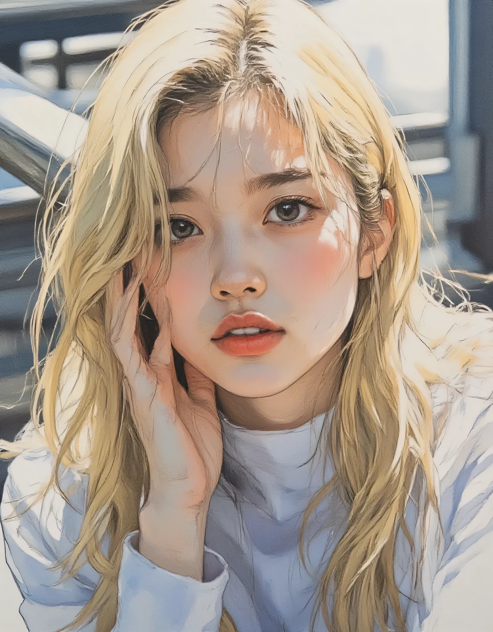 vivid, very detailed, award-winning illustration, Professional. womanhood, 右手を顎につけて星空を見ているwomanhood, Keep your eyes on 、is looking up、Chin up、((portrait painting))、sketch style、Blonde Long Sauvage Hair、Blue-eyed Gothic Lolita, , womanhoodのポートレート、 beautiful, fantasy shot with a Nikon Z7 II mirrorless camera. hyperrealistic, masterpiece, high resolution skin riding on a handrail、Shades of Sunlight、最高masterpiece、