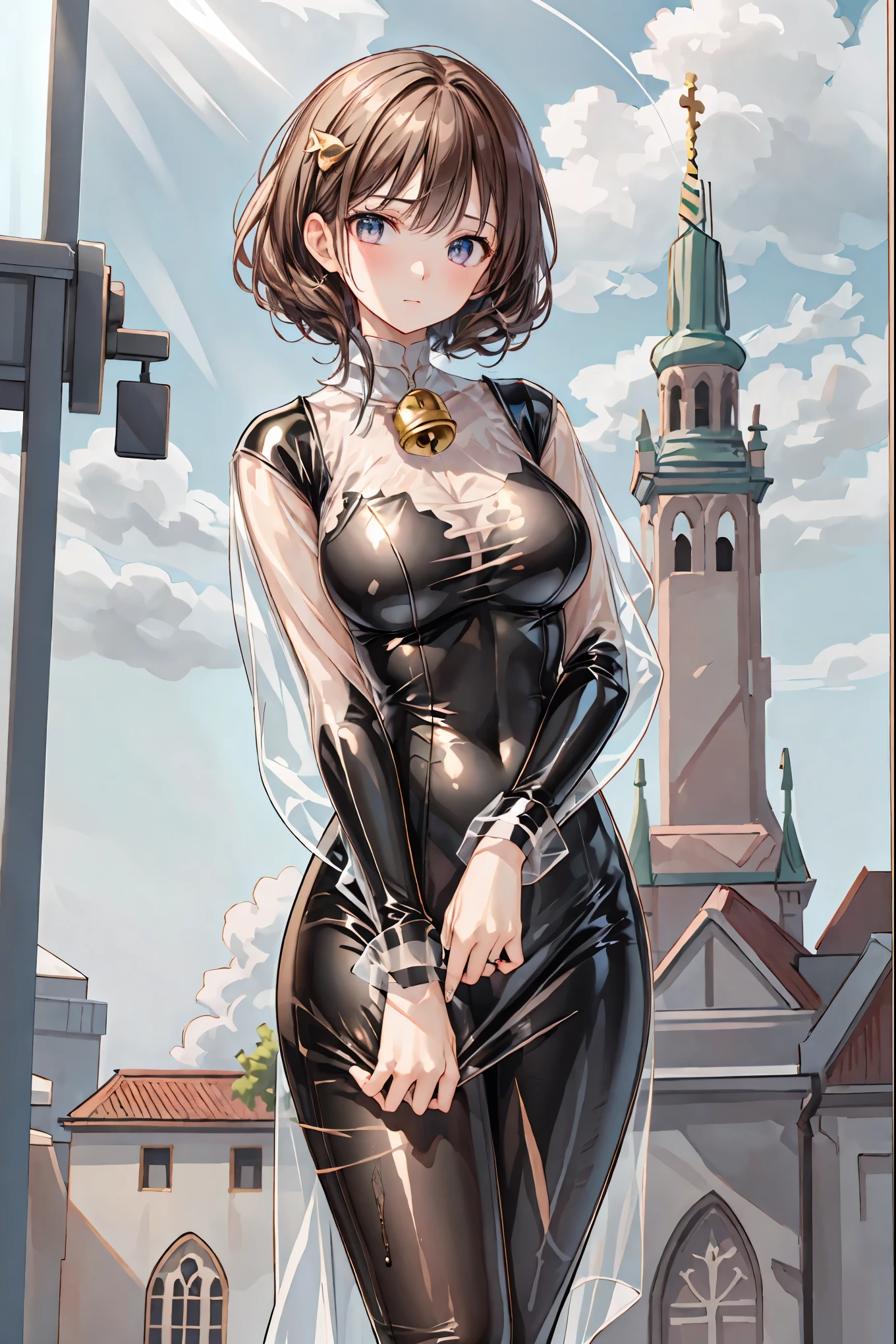 Latex Female Body Silhouettes, look, Shiny Latex Material Sticking to the Body, ((最High Quality)), (very detailed), (High Definition CG Composite 8K Wallpaper), 高いly detailed, 高い-definition raw colbor photos, professional photography, Depth of Written Boundaries,Dark, Smoky Hazardous Environments, bright spotlight, Red or Black Tones, High Quality,4K,Realistic,Professional,EXTREME DETAILS,Vivid Colors,Bokeh Style,((Top of the big bell tower)),Lithuanian, ((In Vilnius)), ((Vilnius Cathedral)) and ((Gediminas Tower)) ,Background,((Cathedral Square)),Cumulonimbus,contrail、perfect hands、perfect finger、perfect palm 、Perfect Nails、Perfect Thumb 、perfect index finger 、perfect middle finger、perfect ring finger、perfect little finger、perfect textured hand