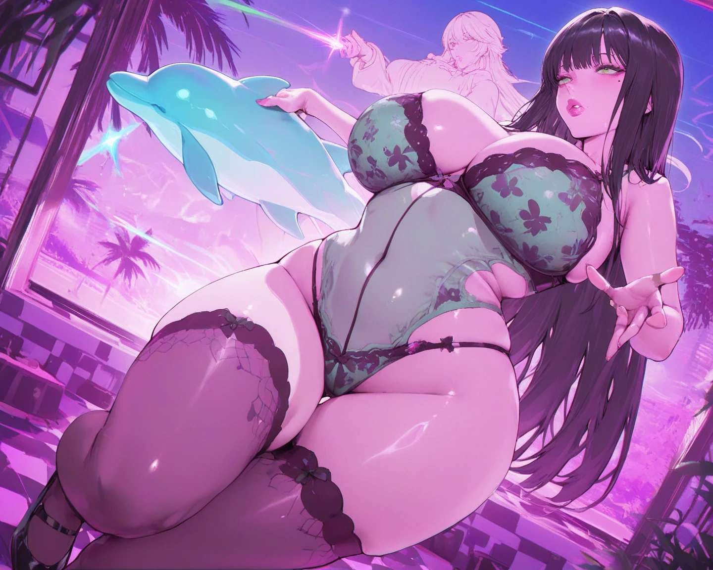 masterpiece, best quality, ultra high res, ultra-detailed, outside in a palm beach, day, beautiful ocean landscape, 1 girl, yuna, slut, (green hair: 1.2), (red eyes: 1.2), red gloss lipstick, black eyeliner, hairy pubic hair, (gigantic  and giant cleavage: 1.6), (: 1.4), (black lace-trimmed tights: 1.4), (black high heels: 1.3) , , , wet, soggy, (yuna is lying on a deck chair  wide open with her hands behind her head while having a huge  in her  and while she is having a very  and  alluring face and  with  desire with open mouth: 1.6)