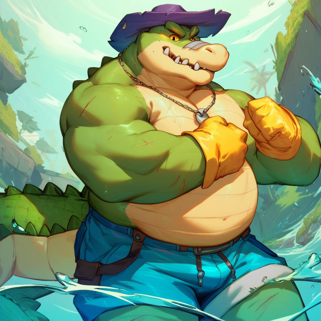 A male orange chubby anthropomorphic lizard with cyan stripes wearing, a blue jacket, glasses, black jeans, and a blue beanie, waveing, solo