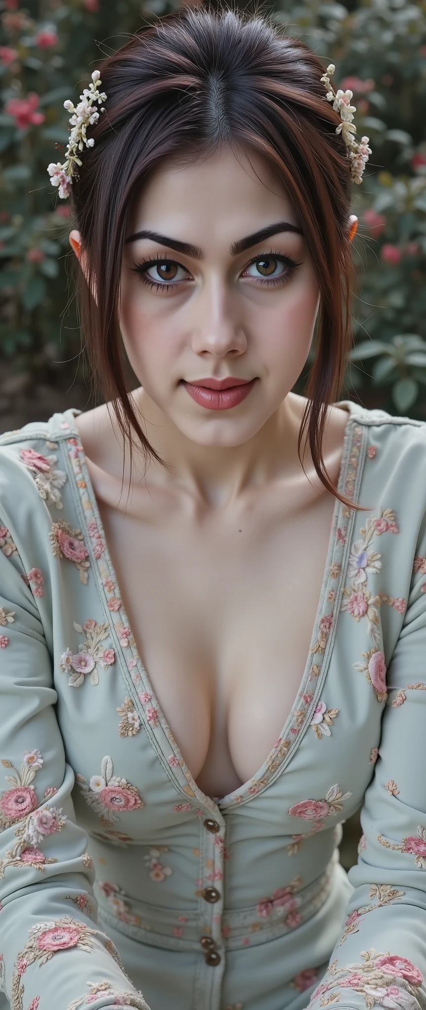 A mesmerizingly enchanting enchanter gazes out, with eyes that seem to draw you in. This composite photograph captures a surreal blend of fantasy and reality. The enchanter is adorned in luxurious, shimmering robes that seem to shift in color with each passing moment, their presence exuding a sense of otherworldly power. Each intricate detail of their attire is painstakingly depicted, from the intricate embroidery to the delicate gemstones that adorn their cuffs. The image is rich with depth and texture, creating a truly immersive experience for the viewer