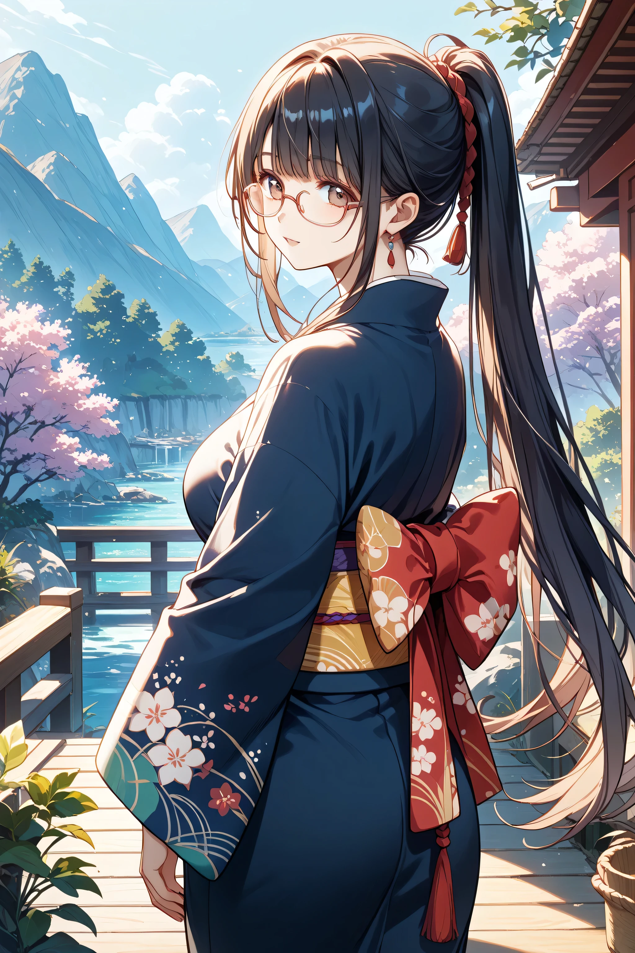 married woman、mature、Glasses、dark haired、 kimono、Ponytail、long hair、Looking Back