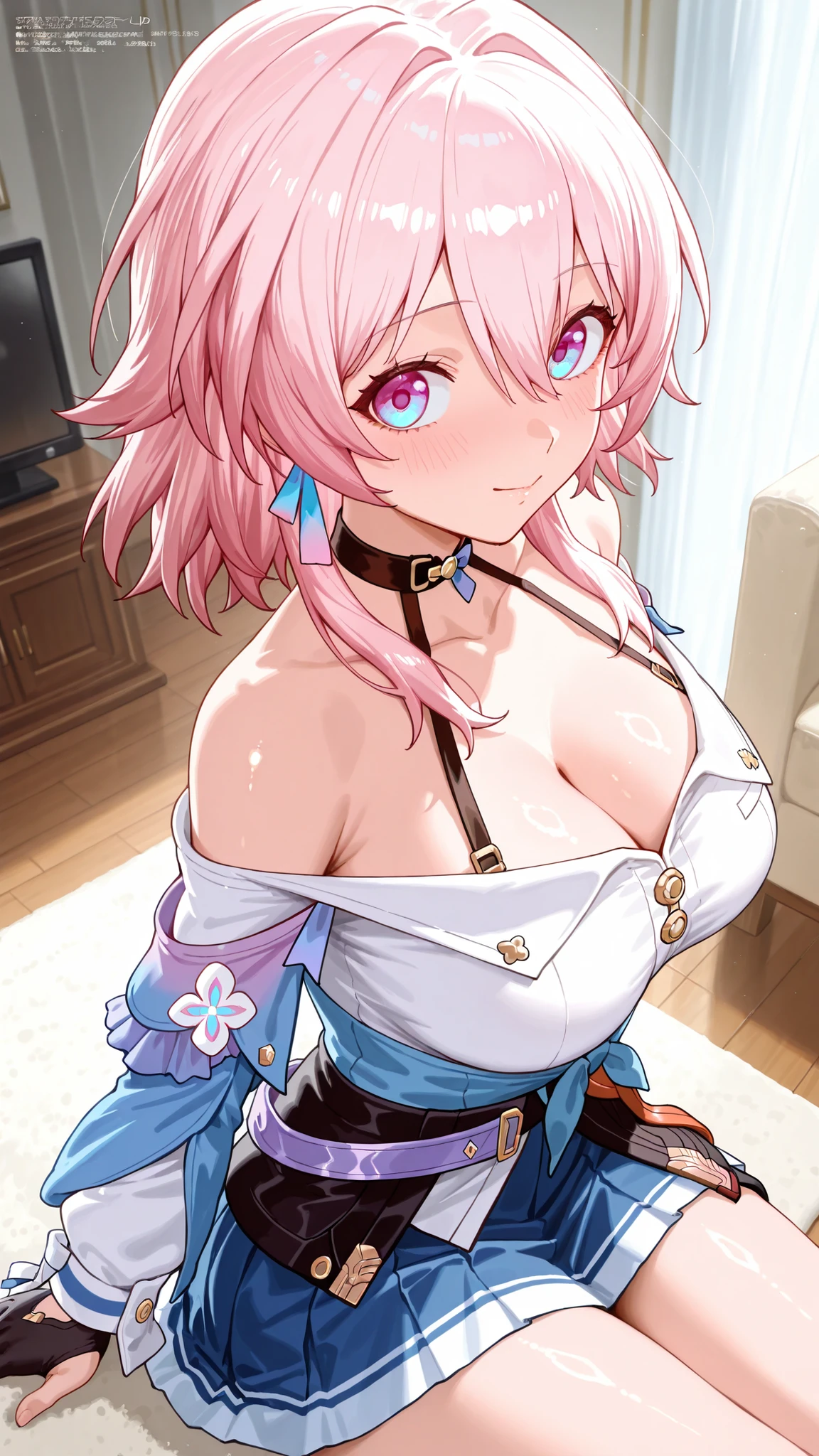 三月なのか, March7th,
score_9, score_8_up , score_7_up , score_6_up , score_5_up ,
(anime screencap), (megami magazine),
(masterpiece),(best quality),
ultra detailed,high score,highres,incredibly absurdres,pastel colors,anime,shiny skin
BREAK
1 girl,
(masterpiece, best quality, ultra-detailed, anime-style, soft ambient indoor lighting, low angle from side, subtle panty peek, relaxed pose),
March 7th (Honkai: Star Rail),
pink hair, blue eyes, hair between eyes, medium hair, pink eyes, purple eyes, medium hair, multicolored eyes,
shirt, long sleeves, white shirt, choker, jacket, skirt, blue skirt, gloves, blue jacket, black gloves, black choker, collarbone, earrings, jewelry, bare shoulders, off shoulder, single glove, pleated skirt, cleavage,
indoors, noon,
living room, simple background,
white carpet, white curtain,
from above,
cute face,
medium-large breasts,
looking at viewer,
sitting, crosed legs,
blush