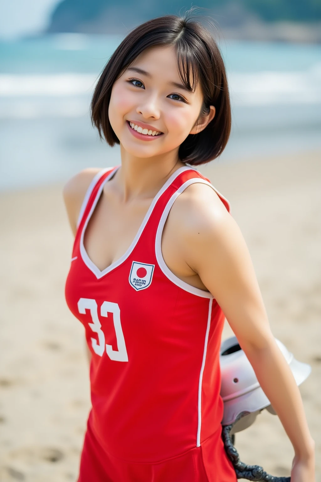 (2 beautiful Korean women volunteers, age 28, wearing White Tight Lightweight Synthetic Korea Volleyball Jersey, Red Spandex Shorts, Ankle Braces and Knee Pads, participating in 'International Coastal Cleanup', during Sunrise On The Beach, thoughtful expressions, kind smile, dimpled chins, cute snaggle-tooth, short hair ponytail, symmetrical face, beautiful detailed face, beautiful detailed eyes, perfect body proportions, ample round bosoms, photorealistic, hyper-realism, high contrast, ultra HD, realistic skin textures, top image quality, top-quality, super high resolution, fine details, very meticulously, masterpiece, head to knees, High Angle Shot, bokeh background) #SeaTheChange
