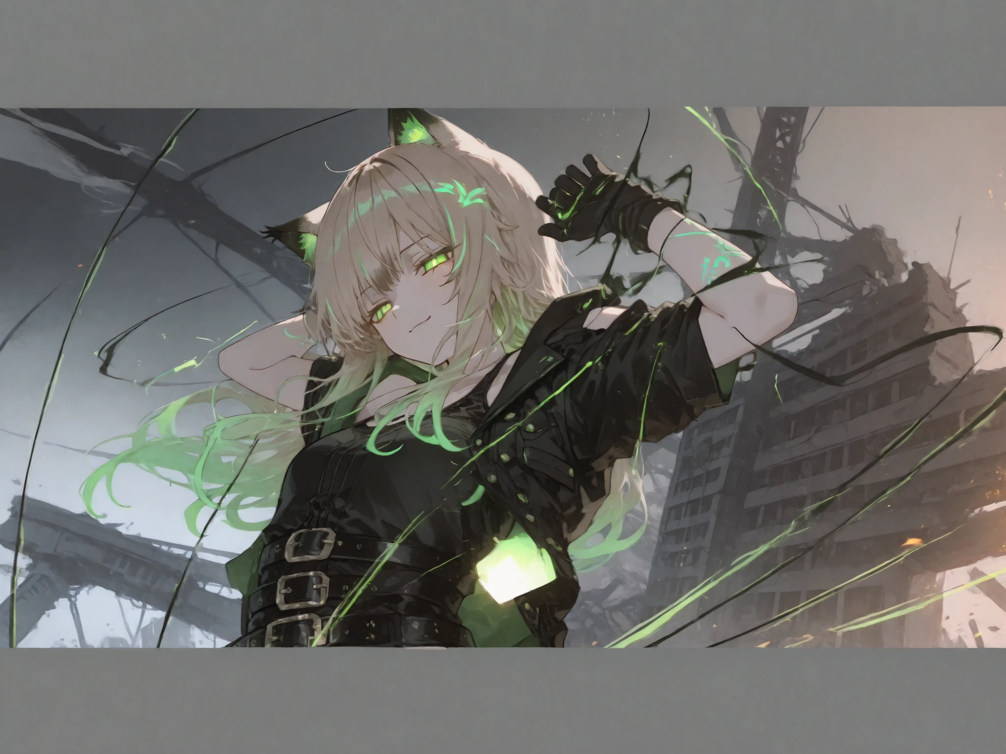 half-lynx girl in a powerful mid-air pose, upper body tilted slightly backward, both arms raised as if controlling glowing green–cyan energy threads swirling around her hands, threads forming elegant geometric arcs and flowing lines through the air, confident and calm expression with a faint arrogant smirk, glowing green eyes with cyan highlights reflecting the light of the threads, long flowing hair — black with neon green highlights and cyan gradient tips — moving dynamically in the wind, faint sparks and dust glowing around her, dark modern gothic outfit — sleeveless black tank top under a stylish jacket with subtle glowing patterns, dual belts, side straps, and glowing tattoo markings pulsing softly on her arms and shoulders, cinematic cyan and golden-orange contrast lighting, dramatic perspective, background showing blurred post-battle gothic city ruins, anime/manhwa style, clean detailed line art, cel shading, expressive eyes, masterpiece quality, dark modern fantasy tone, aura of power and grace, energy threads moving smoothly in slow, controlled motion.