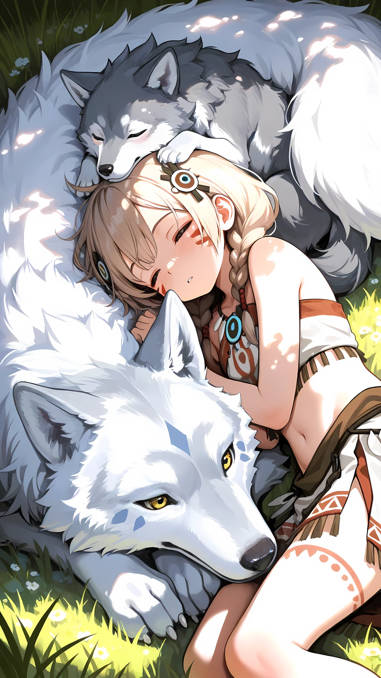 masterpiece, best quality, ultra-detailed, illustration, painterly style, 1girl, young girl, sleeping, serene expression, closed eyes, blush, light brown hair, braids, hair ornament, wearing white long tribal clothes, cuddling with two giant white wolves, animal, wolf, fluffy fur, animal on head, one wolf is awake with yellow eyes, one wolf is sleeping, blue facial mark, lying in tall grass, field, nature, outdoors, bright, sunlight, dappled light, peaceful atmosphere, heartwarming, tranquil.
