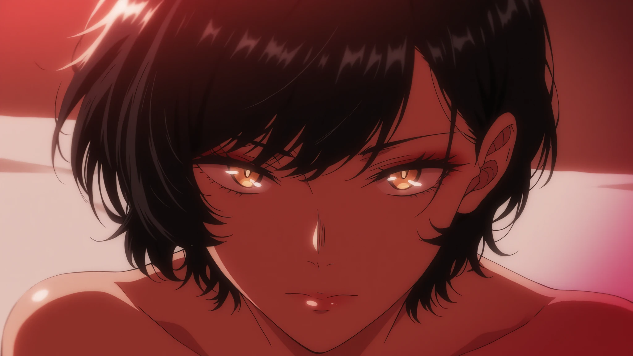 A young woman, Female, 1 girl, wolfcut style hair, black hair with a white gradient color, Rainy bang hair, Golden Eyes color with a red hue, sharp eyes, calm and determined gaze, elegant yet powerful aura, intelligent beauty, defined jawline, subtle makeup, slightly serious face, natural lighting, cinematic tone, ultra-detailed, masterpiece, professional anime illustration, high quality, dynamic shading, soft glow, luscious body, lay on the bed, captivating, soft smile face, voluptous body, soft moonlight lightning. 