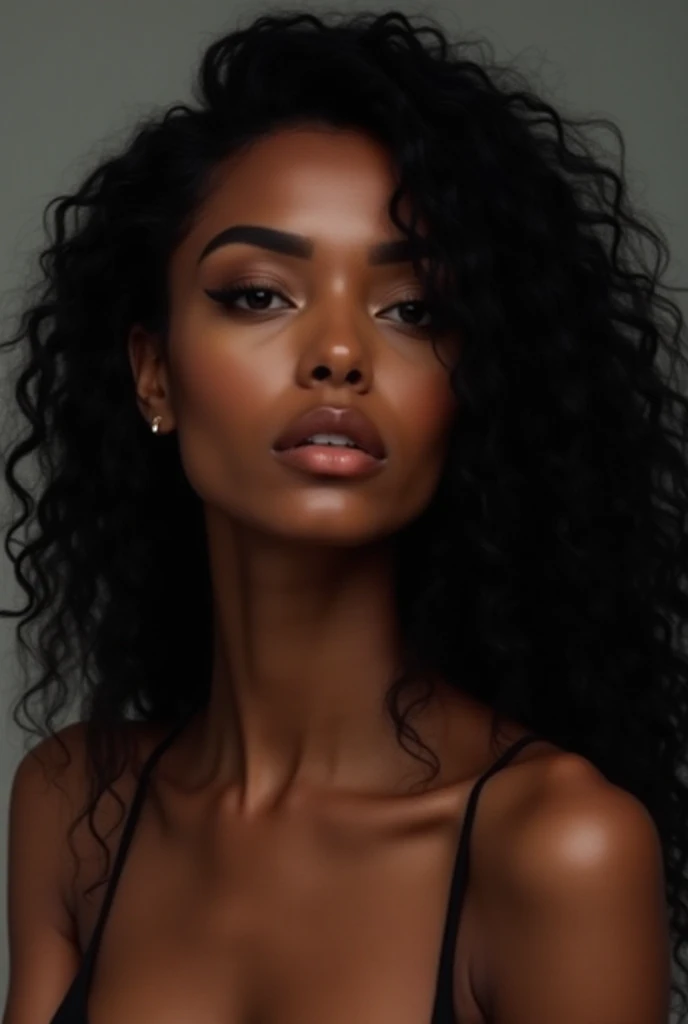 Create a dark woman, long curly black hair, big nose, straight eyebrows, wide nose and small mouth, round face, white t-shirt with no neckline in formal style,  