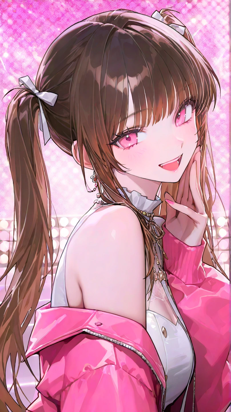 Girl, long soft brown hair, brown eyes, sharp features, white skin, pink lips, beautiful, perfect, sweater