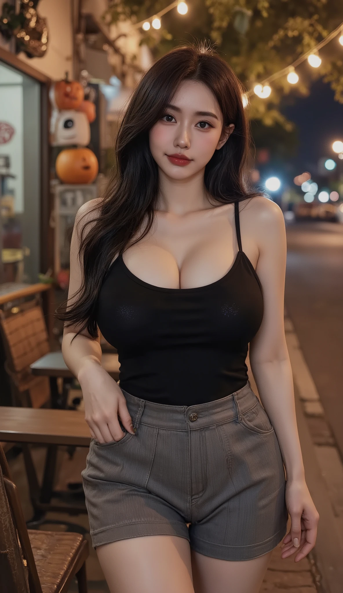 s3lfi3, 1girl, solo, long hair, looking at viewer, black hair, long wavy hair,
wearing a black spaghetti-strap top and gray shorts,
casual, stylish and relaxed halloween outfit,
full body visible, natural pose, casual relaxed posture, unposed candid moment,
realistic, photorealistic, portrait photo, candid outdoor halloween café shot,
warm orange and dim lighting, candlelight glow, cinematic soft shadows, shallow depth of field,
this is a full-body portrait photograph of a young Thai woman with long, wavy black hair softly illuminated by warm orange lights.
she has soft expressive eyes, a small nose, and natural lips with a gentle smile.
she is standing casually outside a small Thai café decorated with halloween pumpkins, string lights, and dried leaves.
the framing of the photo captures her entire body naturally,
highlighting her black top and gray shorts glowing under the candlelit atmosphere.
the background shows cozy wooden furniture, faint jack-o’-lanterns, and blurred streetlights in the warm tropical night.
the overall composition feels cinematic, realistic, and cozy,
capturing a casual halloween evening moment in Thailand with festive charm.
