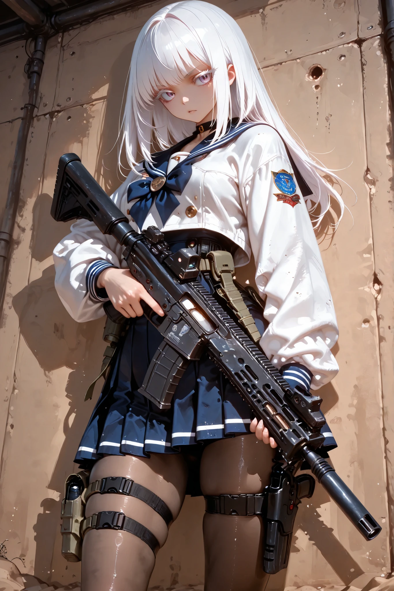 (masterpiece, Highest Quality, super detailed anime style digital painting holding a large assault rifle), 1girl, long white hair、White eyelashes、Girl in a Sailor Suit、pleated skirt、I'm holding a big assault rifle。a holster belt is attached only to the thigh and a handgun is inserted、pantyhose, dramatic composition、dynamic angle、perspective、Dynamic、masterpieceポートレート、Wilderness Battlegrounds 、Bent in the trench and avoid enemy bullets while looking for gaps in counterattacks