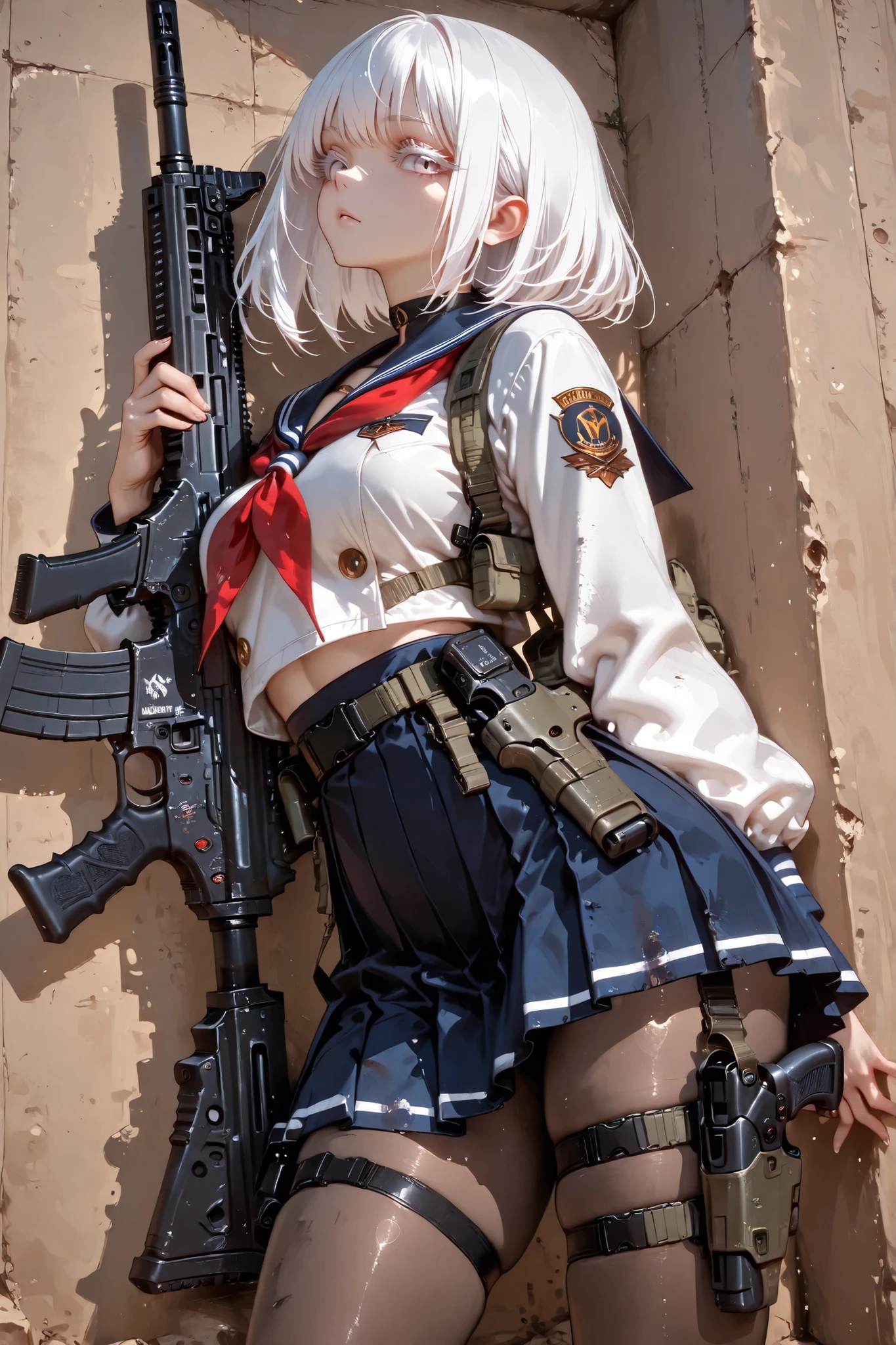 (masterpiece, Highest Quality, super detailed anime style digital painting holding a large assault rifle), 1girl, long white hair、White eyelashes、Girl in a Sailor Suit、pleated skirt、I'm holding a big assault rifle。a holster belt is attached only to the thigh and a handgun is inserted、pantyhose, dramatic composition、dynamic angle、perspective、Dynamic、masterpieceポートレート、Wilderness Battlegrounds 、Bent in the trench and avoid enemy bullets while looking for gaps in counterattacks