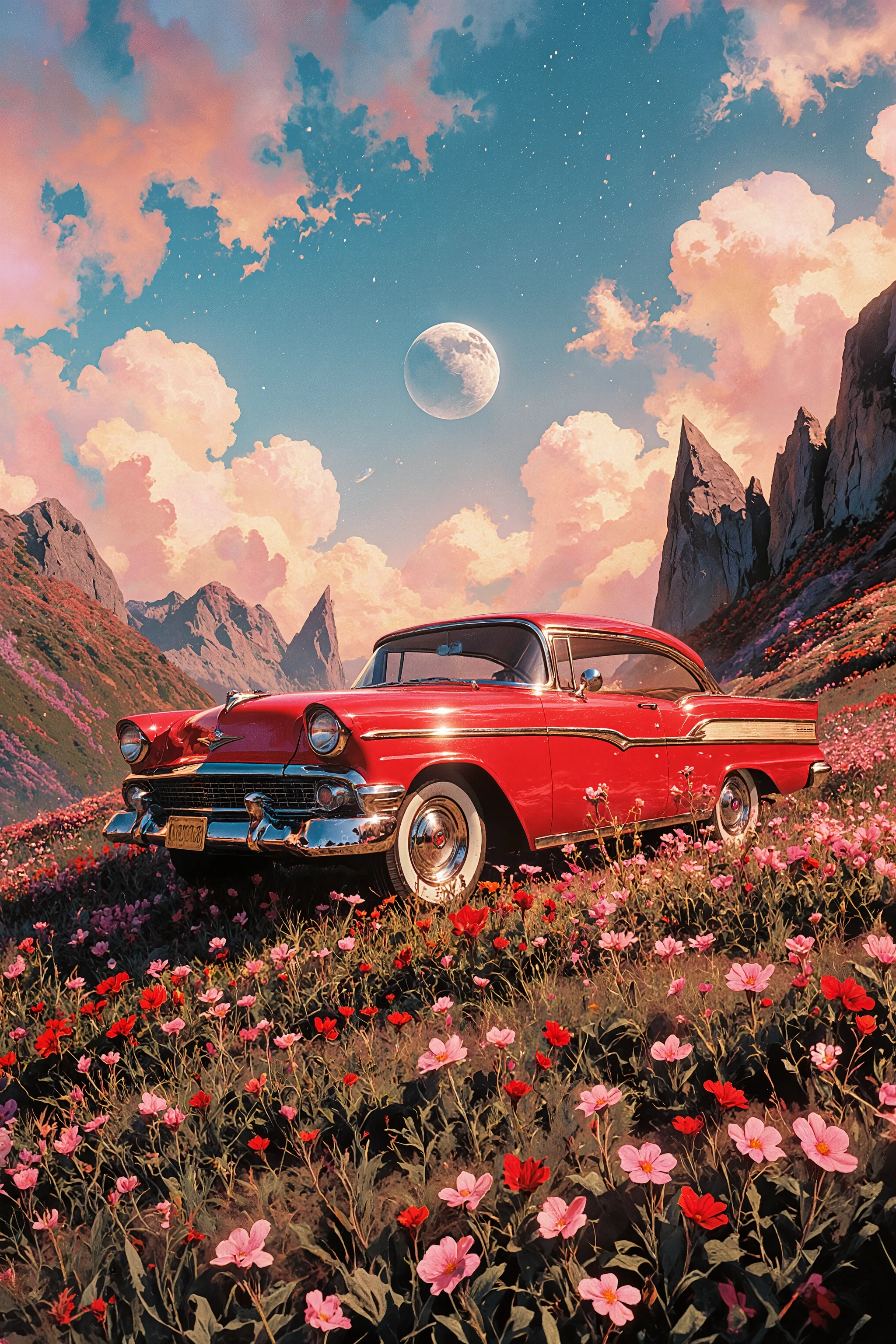 A vibrant surreal landscape featuring a classic red retro car parked on a colorful hillside covered with lush pink and red wildflowers. The sky is a dreamy mix of soft pastel blues, pinks, and oranges, filled with fluffy, scattered clouds. In the distance, sharp rocky cliffs rise dramatically, adding contrast to the smooth curves of the car. A distant planet or moon is visible in the bright sky, enhancing the otherworldly atmosphere. The scene is bathed in warm, golden sunlight, creating a magical, ethereal vibe. Highly detailed, cinematic lighting, dreamy and surreal aesthetic with vivid colors