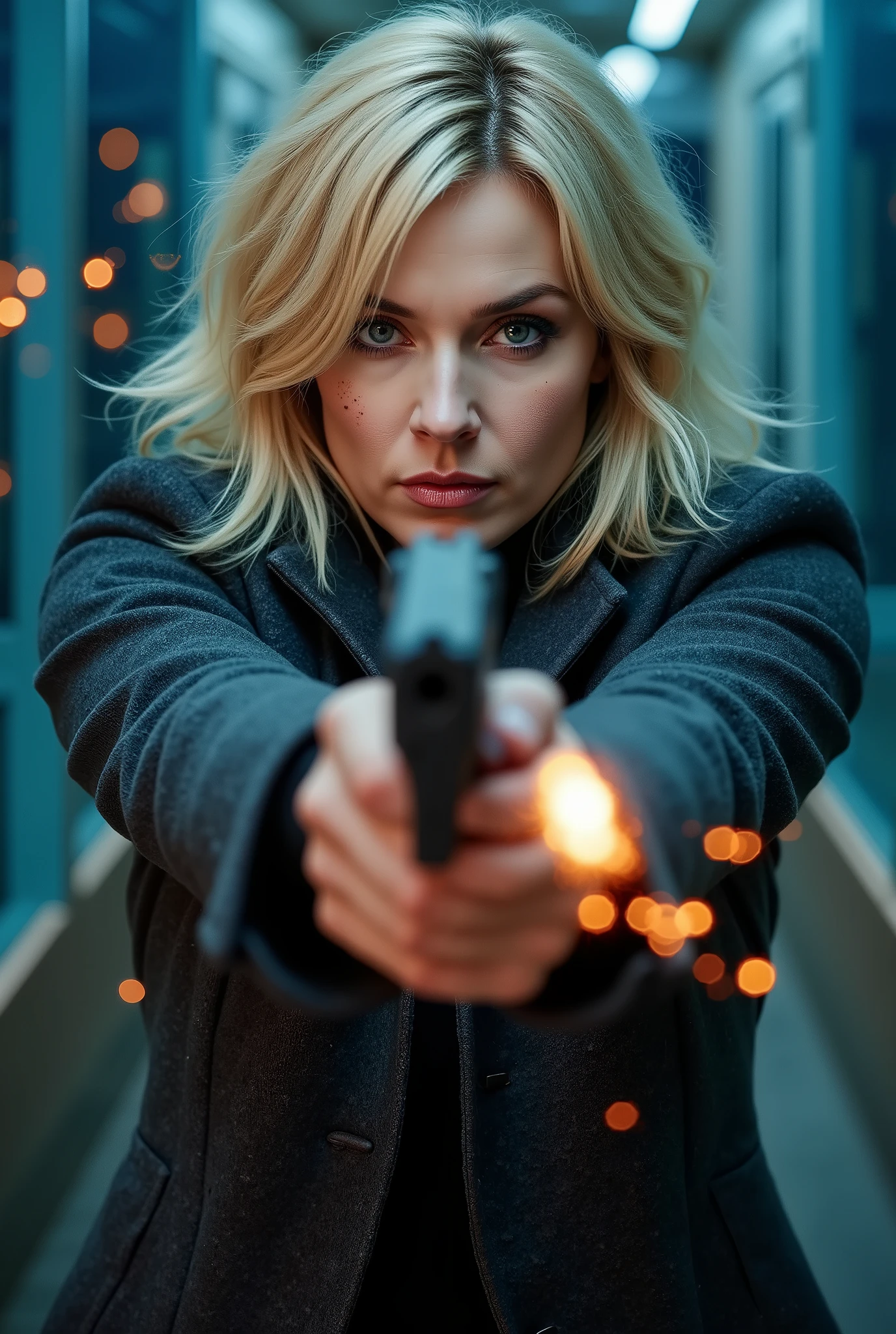 A highly realistic cinematic scene of a blonde woman in an intense action moment. She is aiming a handgun with both hands, captured mid-shot as bullet casings eject and sparks fly through the air. Her expression is fierce and focused, eyes locked on her target with cold determination. She has shoulder-length messy platinum blonde hair with uneven bangs partially covering her forehead, tousled as if from combat. Her face shows subtle bruises, dirt smudges, and light makeup that enhances her piercing gaze.
She wears a dark gray winter coat with a high collar and heavy fabric texture, fitting tightly around her body. The scene is illuminated with cold blue and cyan tones, contrasted by warm orange glows from muzzle flashes and ricocheting sparks. Light reflects dynamically off the metallic surfaces of the gun and shattered glass fragments in the air.
The background reveals a modern urban setting, possibly inside a building or train, with large cracked glass panels and neon reflections. There’s a strong sense of motion and impact — flying debris and glowing particles frozen in time. The atmosphere feels tense, energetic, and cinematic, reminiscent of a high-budget spy thriller.
The camera is positioned at eye level, close-up to medium shot, slightly angled to emphasize depth and intensity. The composition centers on the character and the gun, creating a strong focal point. Lighting and shadows are dramatic, with high contrast, adding realism and emotional gravity.
The overall tone is gritty, cold, and stylish — a cinematic frame blending realism and visual drama, with 8K ultra-detailed quality, filmic texture, and perfect lighting balance.
Keywords: ultra-realistic, cinematic lighting, 8K, intense action, blonde woman, gunfire, bullet casings, sparks, cold color palette, contrast lighting, bruised face, determination, neon reflection, shallow depth of field, film still, spy thriller aesthetic, natural motion, no distortion, dramatic realism.