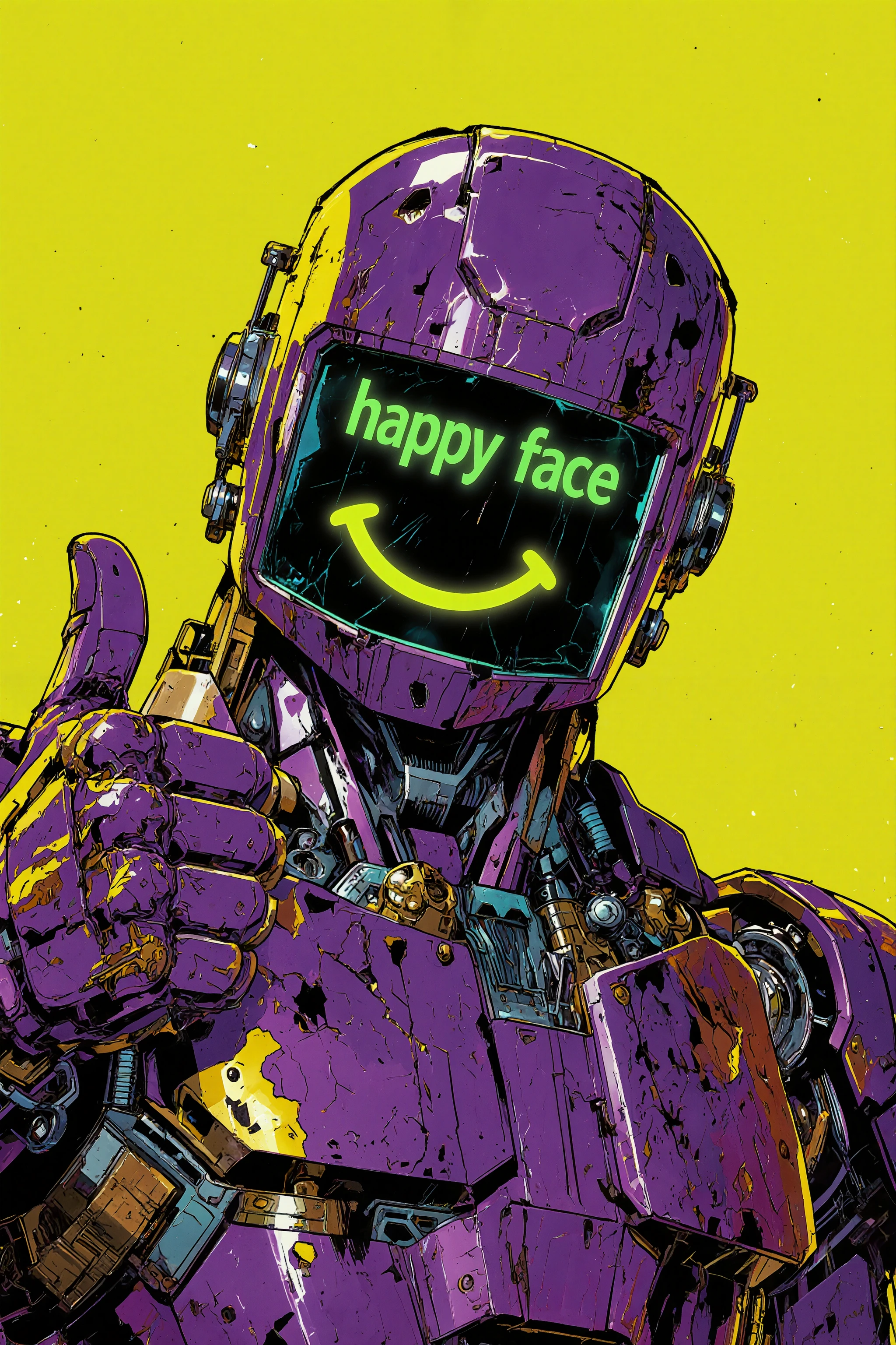 (A highly detailed) A futuristic android with a screen instead of a face that displays that says “happy face”.written on it, and a yellow smile, shows a thumbs upIt has a purple body with metal and gold parts covered with scratches and wear marks. The background is a bright solid color (yellow, neon). The visual style is cyberpunk anime, Japanese manga, with sharp lines, rich colors and detailed mechanical parts