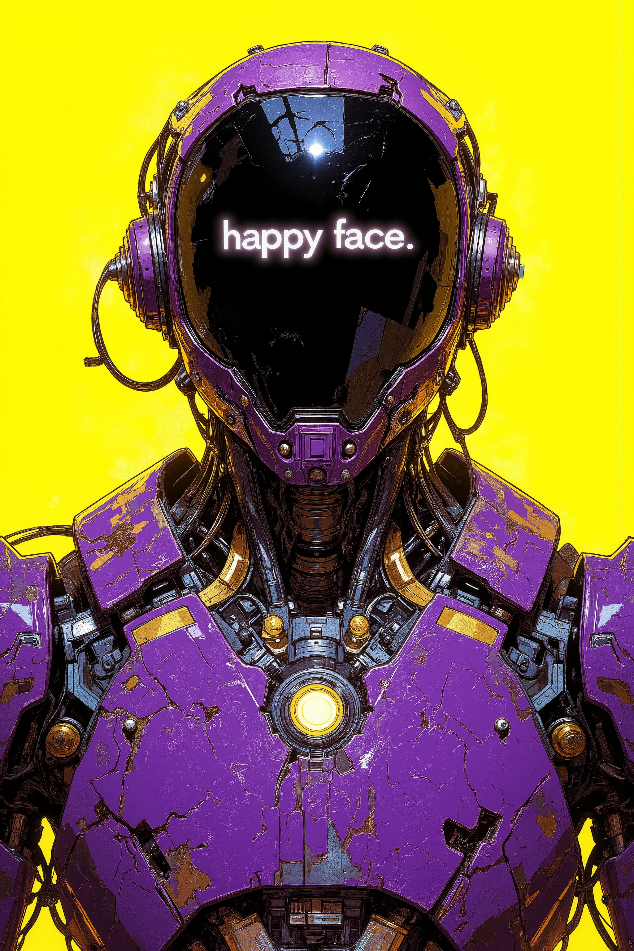(A highly detailed) A futuristic android with a screen instead of a face that displays that says “happy face”. It has a purple body with metal and gold parts covered with scratches and wear marks. The background is a bright solid color (yellow, neon). The visual style is cyberpunk anime, Japanese manga, with sharp lines, rich colors and detailed mechanical parts