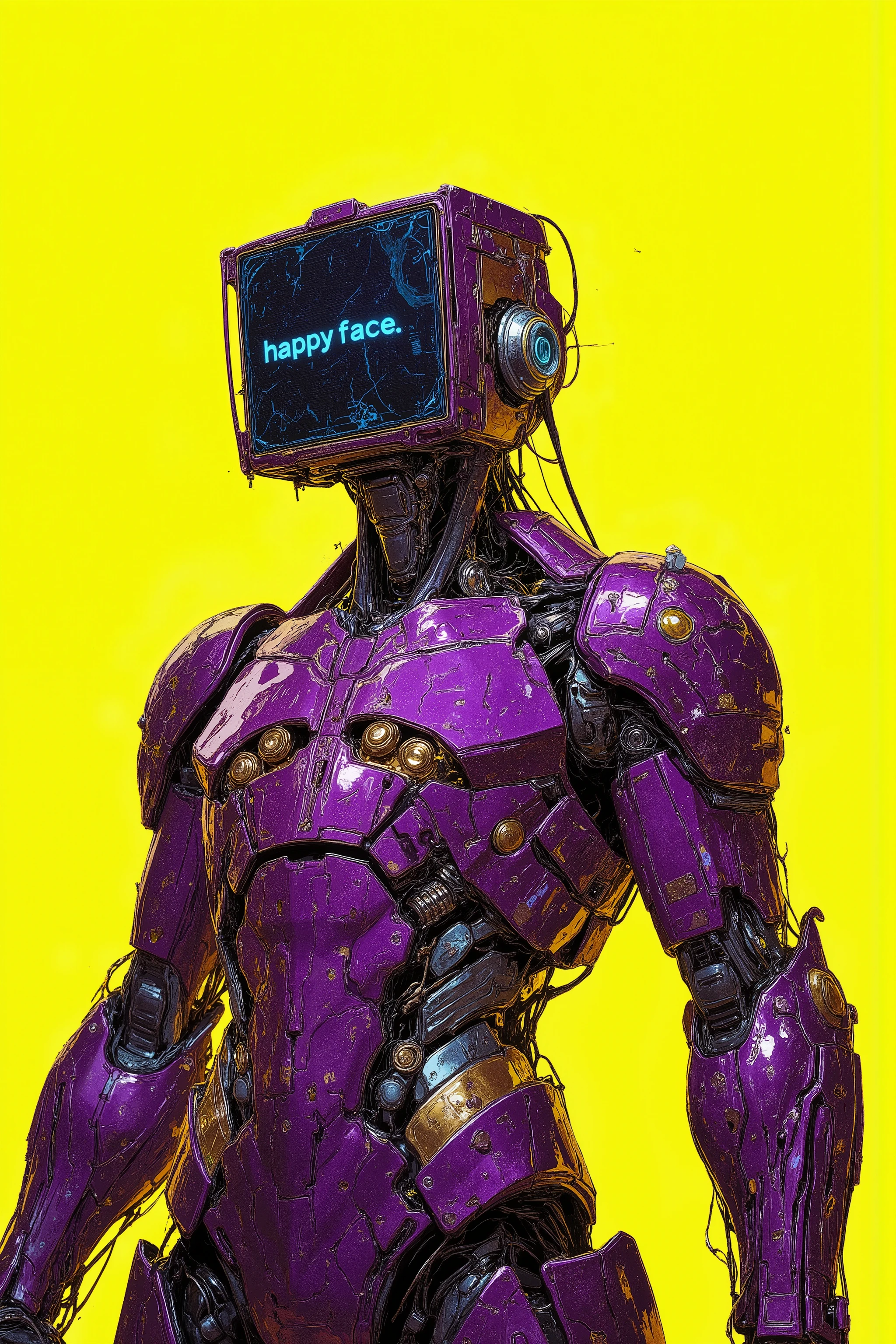 (A highly detailed) A futuristic android with a screen instead of a face that displays that says “happy face”. It has a purple body with metal and gold parts covered with scratches and wear marks. The background is a bright solid color (yellow, neon). The visual style is cyberpunk anime, Japanese manga, with sharp lines, rich colors and detailed mechanical parts
