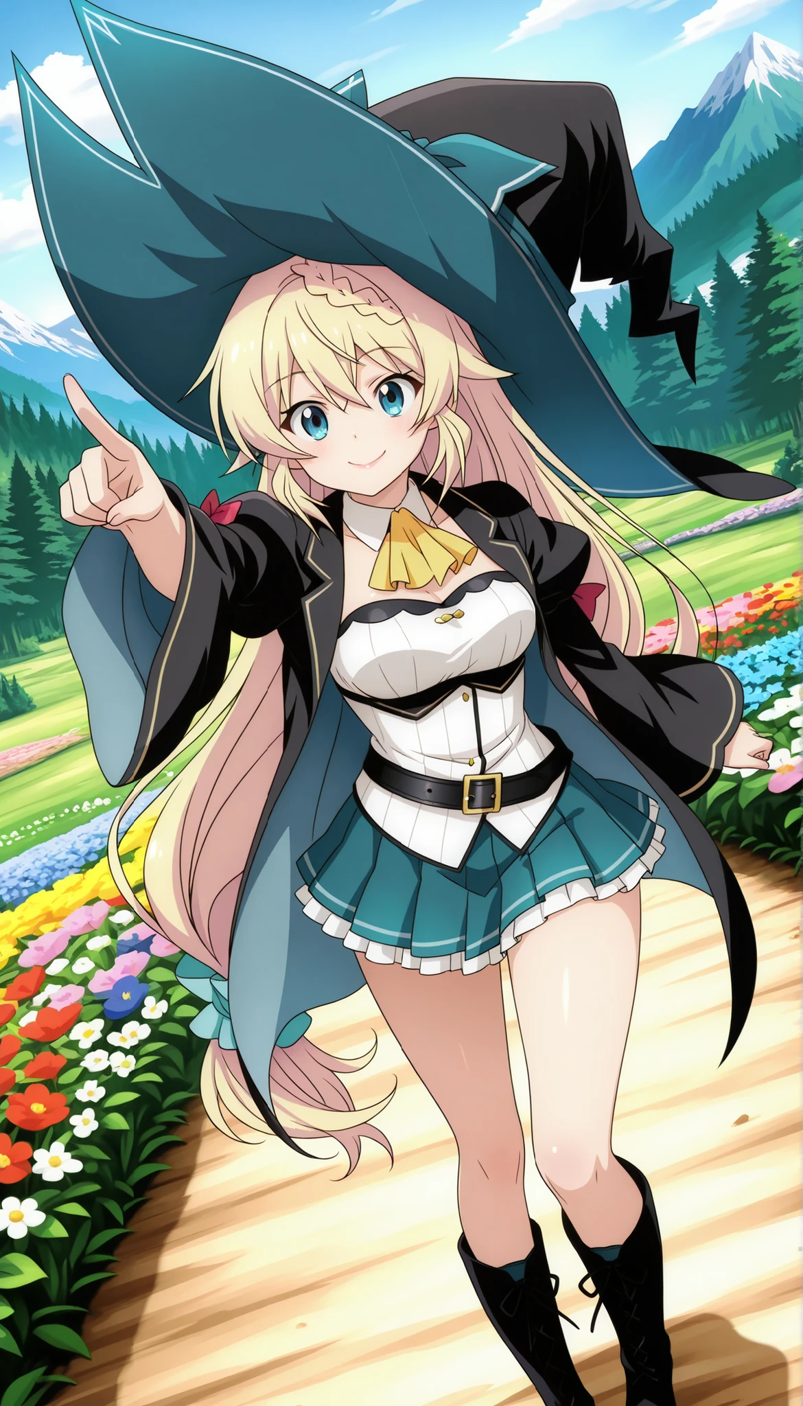 (perfect hands, perfect ), anime face, Aizawa Azusa (Slime Taoshite 300-nen, Shiranai Uchi ni Level Max ni Nattemashita), azusa-default, 1girl, solo, cute face, long hair, blonde hair, very long hair, braid, (low-tied long hair:1.3), sidelocks, hair between eyes, blue eyes, slender, , big , curvaceous, BREAK, witch, witch hat, (witch coat:1.2), black coat, long sleeves, wide sleeves, juliet sleeves, open coat, (white shirt:1.5), detached collar, yellow ascot, strapless, black belt, green skirt, mini pleated skirt, microskirt, white petticoat, legs, brown boots, Cross-laced shoes, knee boots, lace-up boots, BREAK, cute face, closed mouth, rouge lips, smiling, pointing, from front, outdoor, mountain, forest, flower garden, (cute gestures:1.2), dynamic pose, dynamic angle, mysterious, fluttering skirt, medium close-up shot,full body