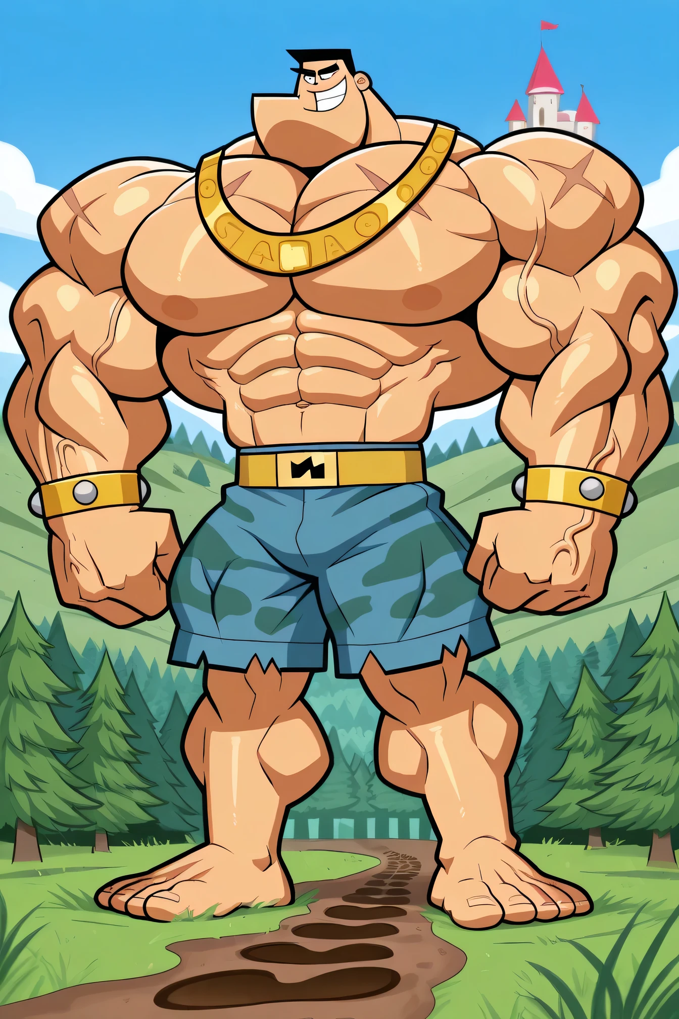 solo, detailed, shaded, human, giant man, muscular, solo, black hair, flat top, red and black eyes, mouth open, sharp teeths, powerful smile expression, flat brow, gigantic chin, rectangular eyebrows, flat brow, golden armor, golden bracelets, green shirt, golden belt, golden necklaces, blue camo print, ripped blue shorts, golden saldals, standing, full-length portrait, mouth open, big arms, big castle background, village background, forest background, grass, trees, plants, giant footprints on the grass, blue sky and clouds background, a green giant beanstalk behind, huge muscles, ginomous biceps, enormous pectorals, detailed abs, scars, veins, tattoos, giant size, macro size, 50-foot size, 100 feet tall, beating his chests, legendary giant of the fairytale story jack and the beanstalk, fairytale fantasy scene, jack and the beanstalk story.