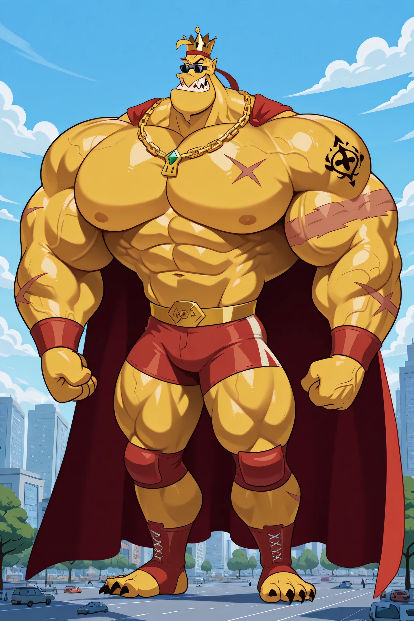 a giant strong muscular yellow octopus, yellow skin, sharp teeth, sharp claws, 8 gigantic powerful muscular tentacles arms, a very long blonde golden hair, enormous chin, scars, veins, tattoos, bigger cartoon red eyes, sunglasses on his forehead, wearing red underpants, wrestling outfit, Red headband, red wrist tape, red elbow pads, red kneepads, red saldals, golden armor and chest with colorful jewels, golden bracelets with colorful jewels, golden necklaces with colorful jewels, golden crown with colorful jewels, a very long ripped red prince cape, giant size, macro size, 50-foot size, 100 feet size, champions golden belt, powerful muscles, ginomous biceps, enormous pectorals, detailed abs, full body, big city background, buildings, trees, blue sky and clouds background.