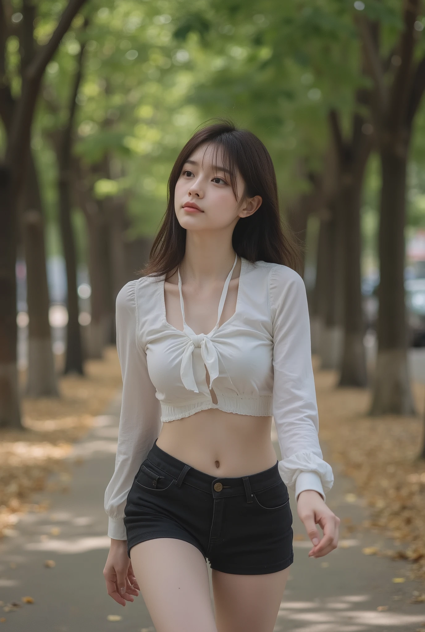 melhor qualidade, obra-prima, Alta sensibilidade, high resolution, detailed representation, mulher esbelta , corpo inteiro, handsome idol , Pale white skin,boca fofa, olho fofo, nariz alto, and the body is plump and a bit chubby, pele branca, pele lisa,A woman with big breasts, reFlections, filmed with Canon EOS R5, Lente de 50 mm, F/2.8, resolution 8k, ray tracing, perFect hands according to anatomy, 5 Fingers, Focus on a beautiFul girl Walking Down a Tree-Lined Avenue々Group oF, outubro, during outonon, in outonon, outono dourado, folhas douradas, outonon season, foto em alta, novembro, outono, beautiFul image, beautiFul aesthetic, outonon season, beautiFul day, in outonon, Pupilas salientes, pupilas realistas, cabelo comprido, beautiful dark brown hair, franja curta, olhos azuis escuros, camisa, neck tie, saia xadrez, meias pretas, (Tem uma saia, LiFting skirt,