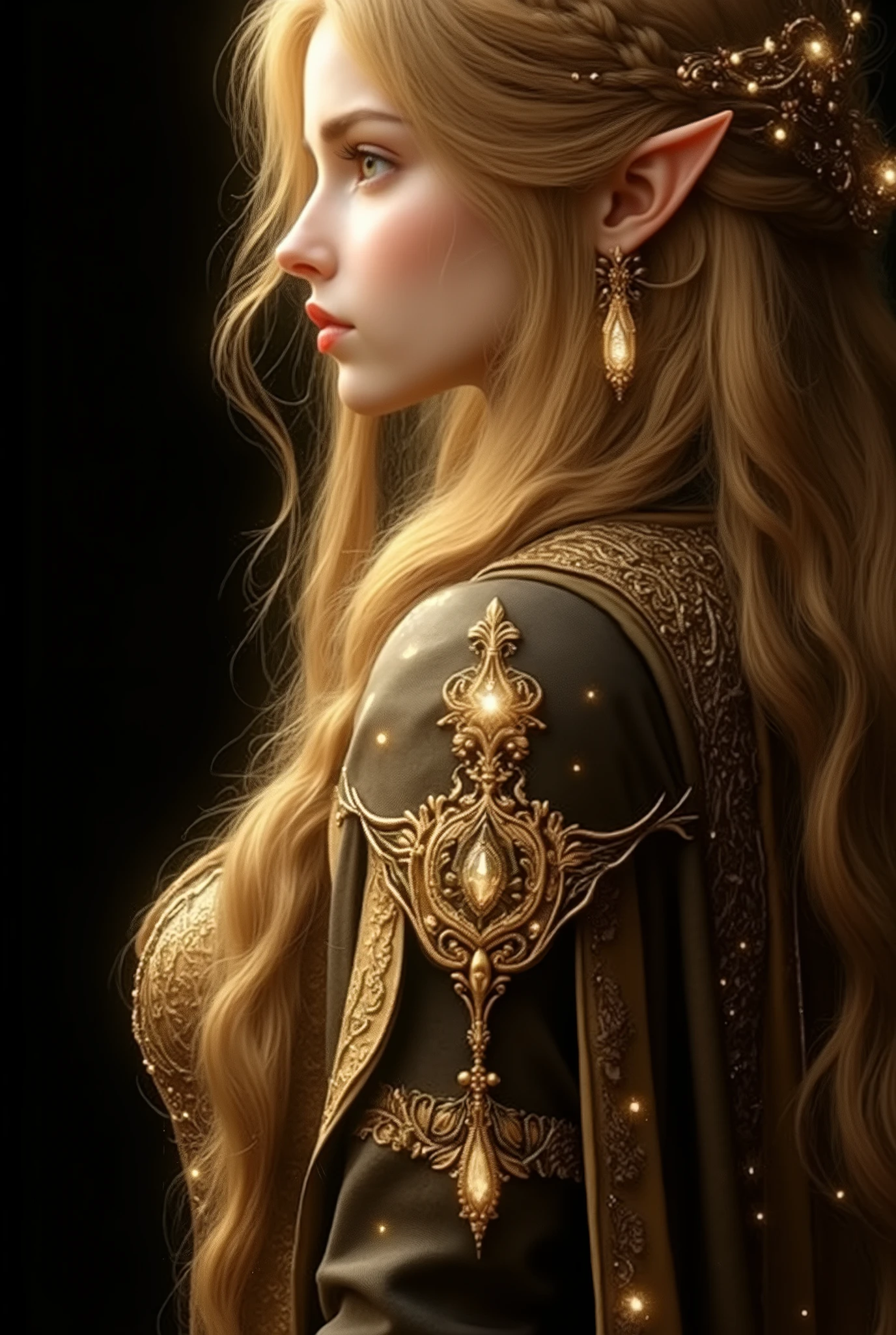 st9211,A majestic character Fantasy figure standing against a dark background, fundo temperamental. O personagem tem um, flowing golden blond hair stylized in intricate braids, adorned with a delicate, luminous golden crown. Pointed ears peek through the hair, emphasizing the ethereal elvish identity. The outfit is an ornate set with shimmering scale-like textures and gold embroidery, featuring a regal cape that shines subtly at the edges. The garment mixes ancient ceremonial motifs with high fantasy elegance. The lighting highlights the contours of the armor and fabric, creating a soft glow that contrasts with the dark background. The face is softly blurred to maintain anonymity and mystery, adding to the dreamlike, otherworldly presence of the figure