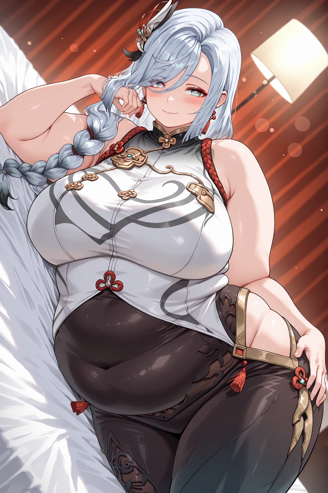 hyper fat,hyper obese,obese,fat,plump,WeightObese,a woman wearing a minimalist modern monochromatic outfit, high fashion, elegant, sleek, clean lines, black and white, dramatic lighting, cinematic, detailed fashion photography, best quality,4k,8k,highres,masterpiece:1.2,ultra-detailed, extreme detail description,professional,vivid colors,bokeh,fashion, shiney skin,volumetric lighting,natural shading, shenhe, blue eyes, braided ponytail, earrings, eyelashes, eyeliner, eyes visible through hair, eyeshadow, hair between eyes, makeup, red eyeshadow, sidelocks, single earring, symbol-shaped pupils, tassel, tassel earrings, white hair, long hair, , 1women ,4k, 8k, uhd, hdr, detailed background,mature female, dynamic pose, full body, ,skin pores, score_9, score_8_up, score_7_up, (sfw), (cowboy shot, dutch angle:1.2), 1girl, solo, mature female, whole body shot ,1girl, solo, mature female, smiling,1girl, solo, mature female, big breasts, dynamic angle, hand on own hip on side, looking at viewer, blush, smile, hand on hip, bed, bed sheet, arm support, on bed, on side, head rest, hand on own thigh