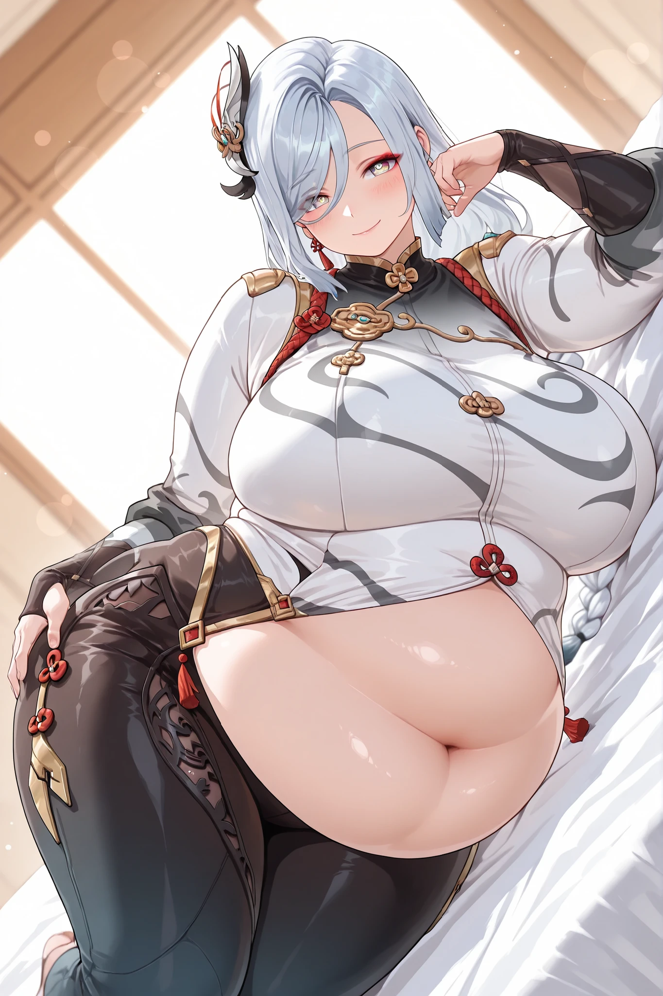 bloated belly,hyper fat,hyper obese,obese,fat,plump,WeightImmobile,a woman wearing a minimalist modern monochromatic outfit, high fashion, elegant, sleek, clean lines, black and white, dramatic lighting, cinematic, detailed fashion photography, best quality,4k,8k,highres,masterpiece:1.2,ultra-detailed, extreme detail description,professional,vivid colors,bokeh,fashion, shiney skin,volumetric lighting,natural shading, shenhe, blue eyes, braided ponytail, earrings, eyelashes, eyeliner, eyes visible through hair, eyeshadow, hair between eyes, makeup, red eyeshadow, sidelocks, single earring, symbol-shaped pupils, tassel, tassel earrings, white hair, long hair, , 1women ,4k, 8k, uhd, hdr, detailed background,mature female, dynamic pose, full body, ,skin pores, score_9, score_8_up, score_7_up, (sfw), (cowboy shot, dutch angle:1.2), 1girl, solo, mature female, whole body shot ,1girl, solo, mature female, smiling,1girl, solo, mature female, big breasts, dynamic angle, hand on own hip on side, looking at viewer, blush, smile, hand on hip, bed, bed sheet, arm support, on bed, on side, head rest, hand on own thigh
