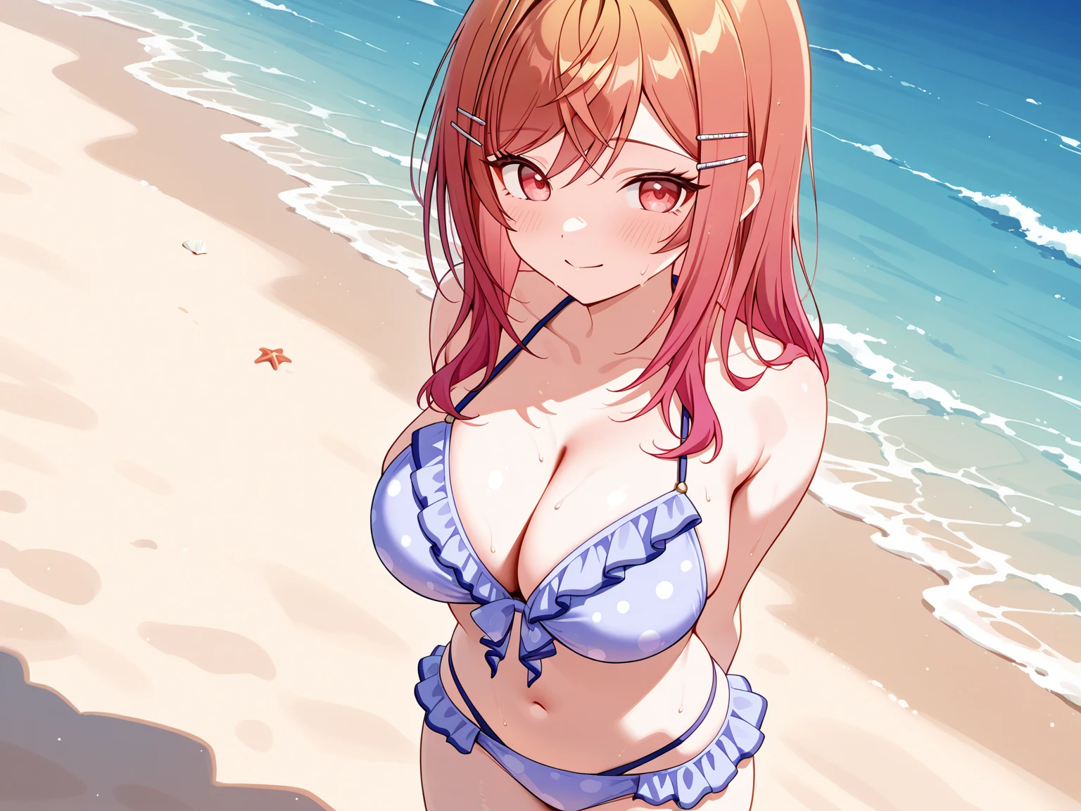 absurdres, highres,
BREAK
looking at viewer, cowboy shot, (from above:1.5)
BREAK
(vivid-color:1.3)
BREAK
(one girl:1.3), (:1.2), red hair, blue eyes, (upturned eyes:1.2), hairclip, earrings, jewelry, nm1,  hair ribbon, short hair, (red strings :1.5),　(White fluid on the body:1.4), (thighs:1.3),  (, cleavage:1.3), ( focus:1.3), (put a stick between one's :1.3), (smile:1.3), open mouth, (:1.3), round eyes, ( in :1.2), small , (blowing in the wind:0.5), (sweat around girl, dripping sweat:1.3), squall (wind:1.2), sense of speed, refreshing breeze, motion blur effect, wind
BREAK
background is (beach:1.3), (Stand in the center of the screen:1.3), outdoors, wind
BREAK
sunlight, magnificent view, light particles, dynamic angle, dutch angle, perspective
BREAK
(daytime, sunbeam:1.2), depth of field, bokeh, light leaks, (chromatic aberration:1.2), noon
BREAK