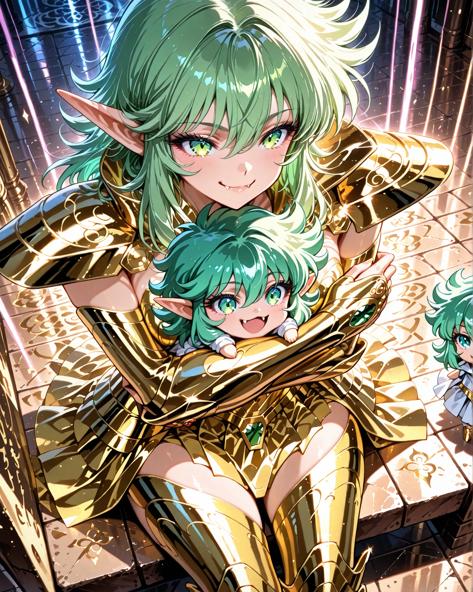 high angle, close-up, (masterpiece, 4k, ultra detailed, vivid and vibrant colors), {1woman}: (a beautiful and attractive woman, short green hair, green eyes, elf ears, and vampire fangs, wears golden armor inspired by the anime Saint Seiya, but in a very revealing and sexy way, sitting hugging two cute plushies, smiling showing her fangs, expression of happiness), a beautiful atmosphere referencing the sign of Gemini, perfect lighting creating shadows