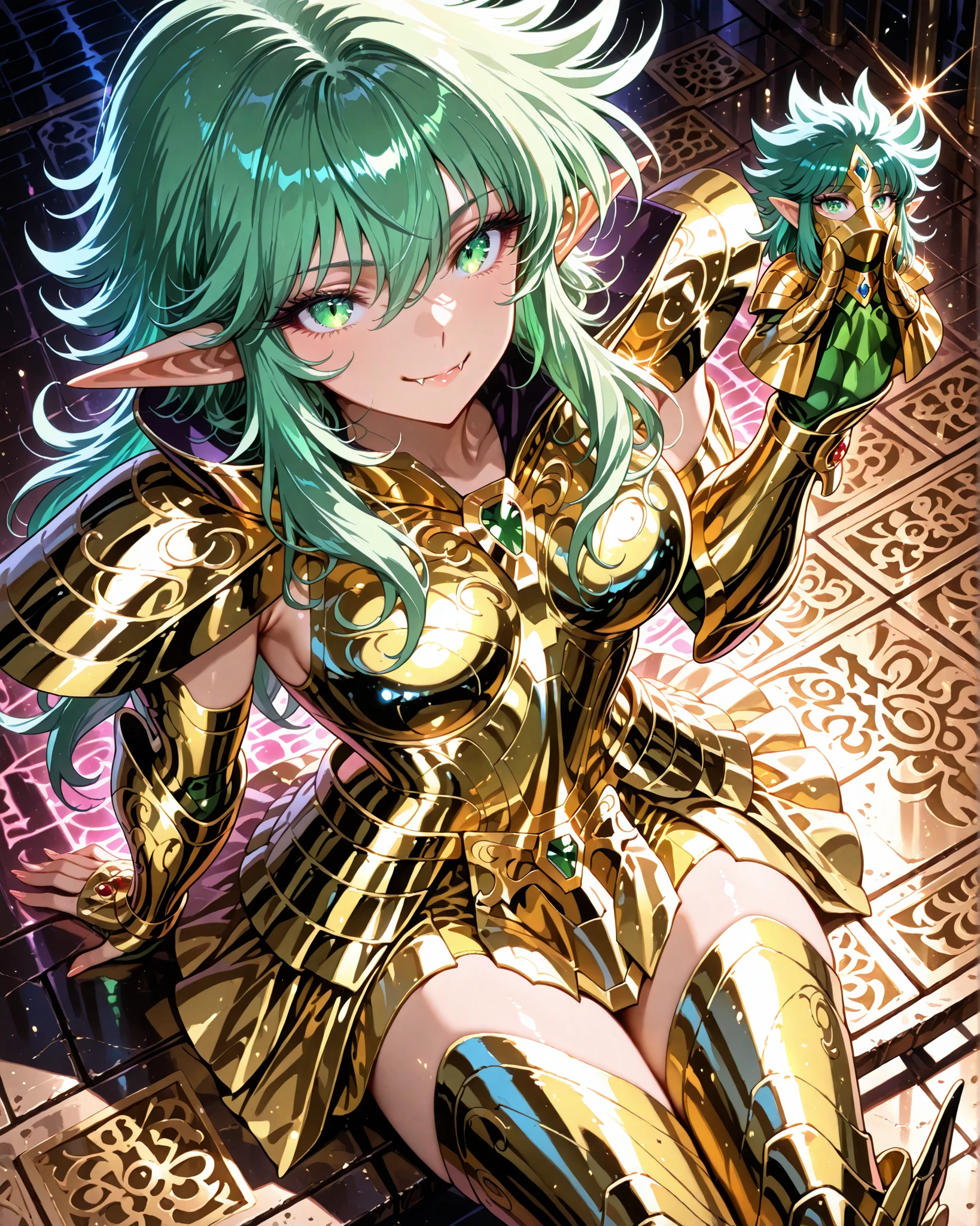 high angle, close-up, (masterpiece, 4k, ultra detailed, vivid and vibrant colors), {1woman}:(a beautiful and attractive woman, short:1.12 green hair, green eyes, elf ears, and vampire fangs, wears golden armor inspired by the anime Saint Seiya, but in a very revealing and sexy way, sitting happily interacting with two hand puppets of different colors, one in the right hand and one in the left hand), a beautiful atmosphere referencing the sign of Gemini, perfect lighting creating shadows