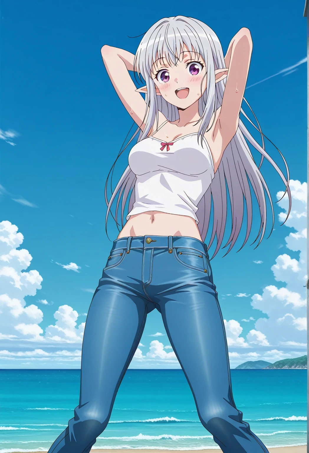 score_9, score_8_up, score_7_up, source_anime, highres, hi res, ((best quality, top quality, perfect quality, Highest Quality, amazing quality)), {{masterpiece}}, {{an extremely delicate and beautiful}}, 2d, intricate details, official style, anime, 8k, anime style, official_anime, official art, digital painting, cell shading, soft shading, high resolution, soothing tones, Subdued Color, Soft cinematic light, adobe lightroom, photolab, HDR, intricately and hyper-detailed, ((high quality animation)), 1 girl, Alone, solo, ((ocean)), tsunami, on the water, day, sunny, outdoors, sky, windy, mariabelle, long hair, purple eyes, white hair, grey hair, pointy ears, elf, anime screencap, medium breasts, white camisole top, crop top, white crop top, best quality, hyper-detailed jeans, ((blue jeans:1.9)), (dark blue jeans:0.6), full medium body, medium shot, Open mouth, smiling, happy face, blush, sweat, standing, ((arms behind head:6.0)), bowlegged, jumping pose, action, looking at viewer, spread legs, Bend knees slightly, straight-on front view